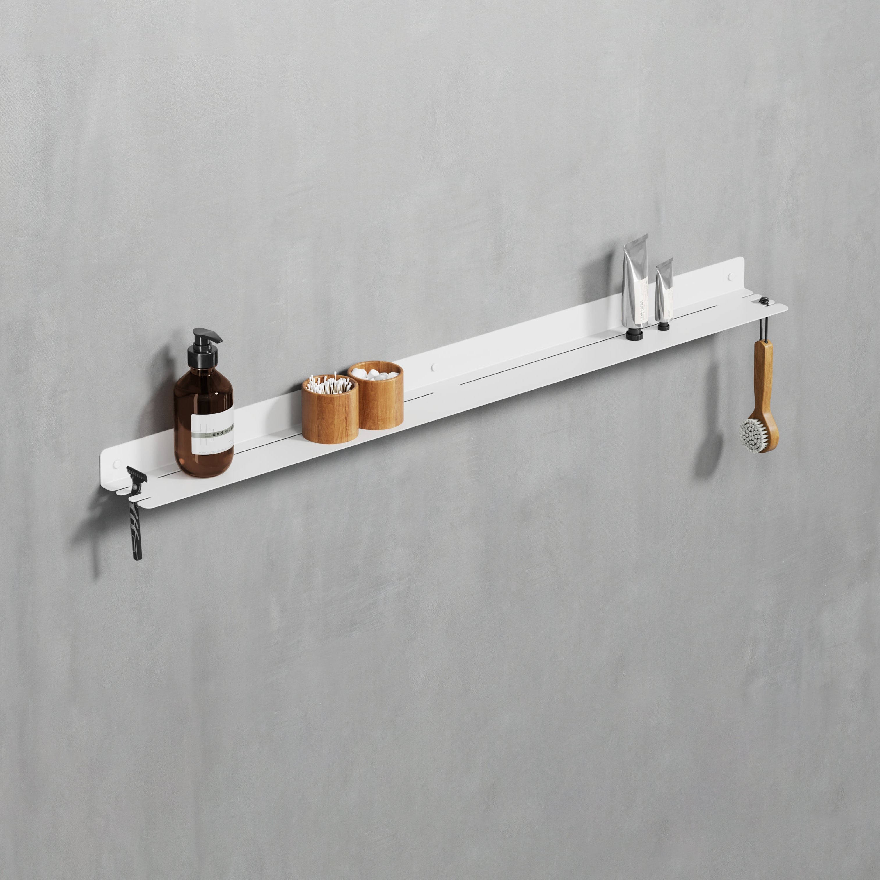 100 cm white powder-coated galvanized steel shower shelf with hooks, offering ample storage capacity for a variety of shower items and hanging options.