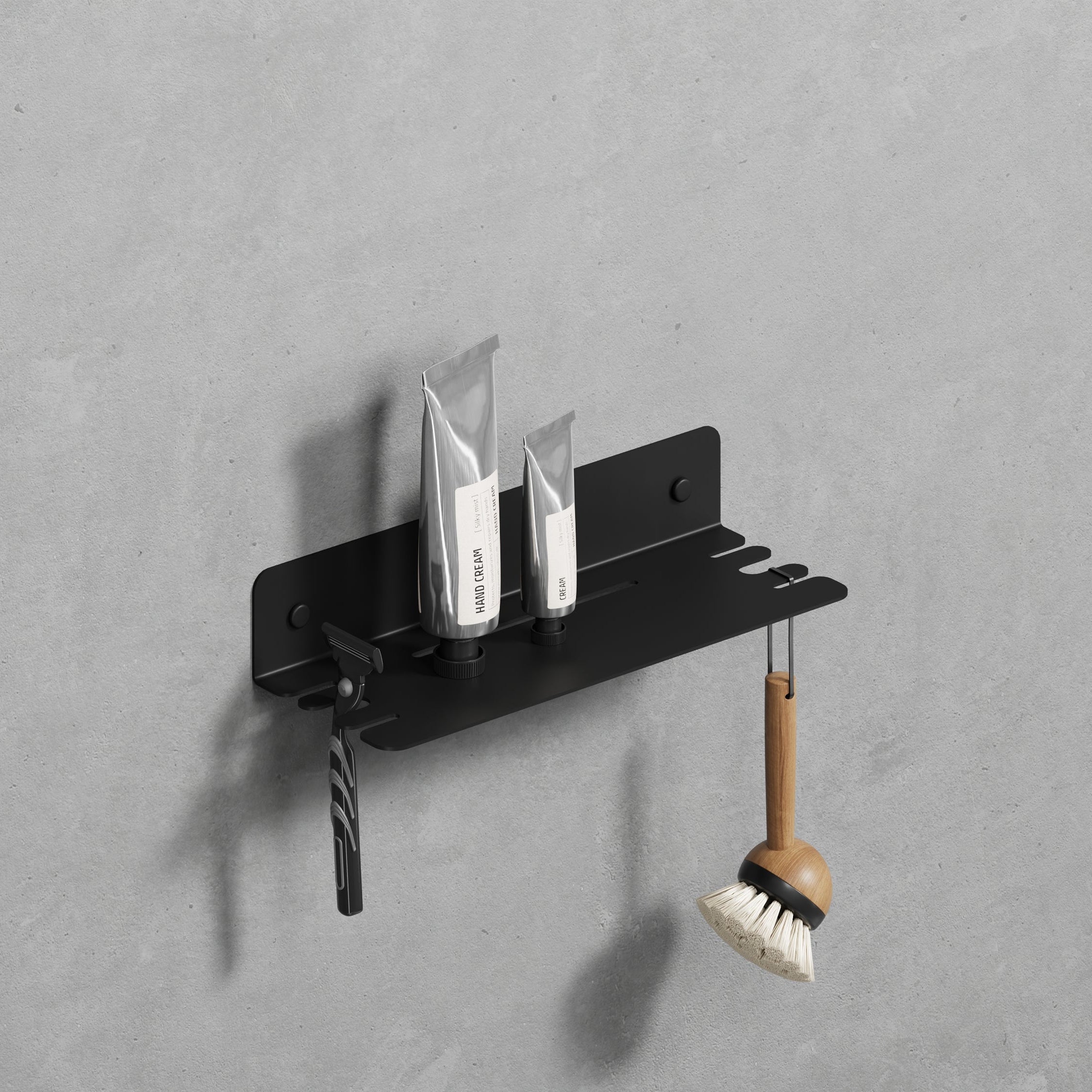 25 cm black powder-coated galvanized steel shower shelf with hooks, ideal for compact storage solutions in the shower