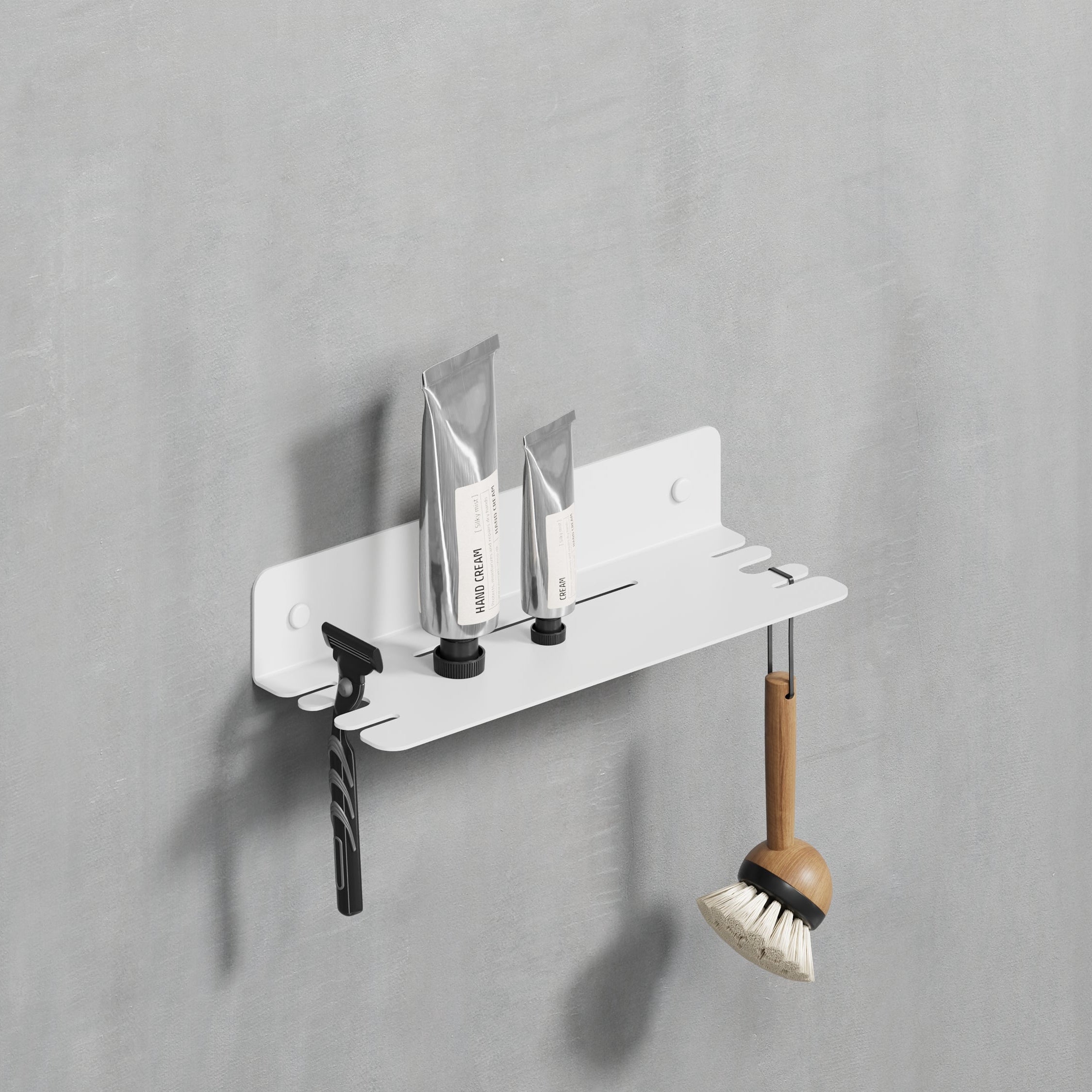 25 cm white powder-coated galvanized steel shower shelf with hooks, adding a fresh and clean look to the shower space