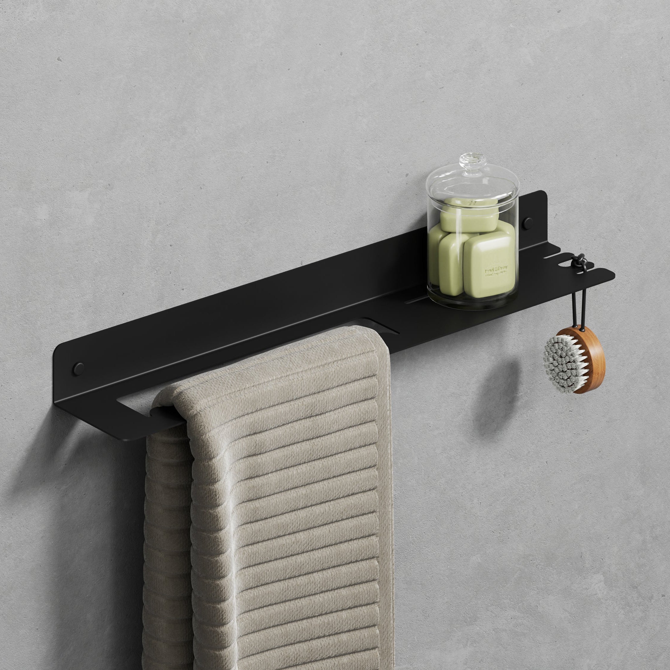 black glossy steel shelf with towel holder