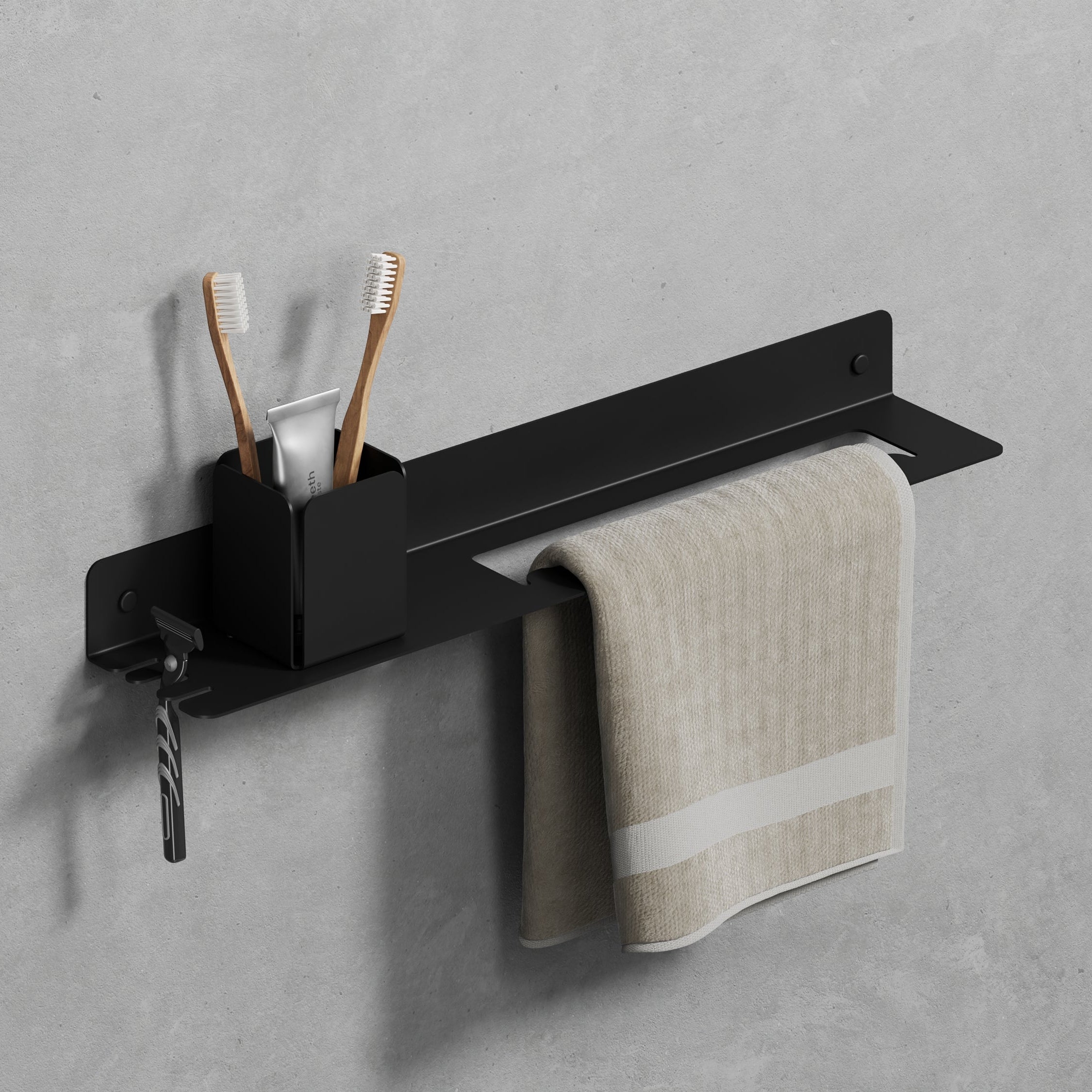 wall black steel shelf with towel right-side