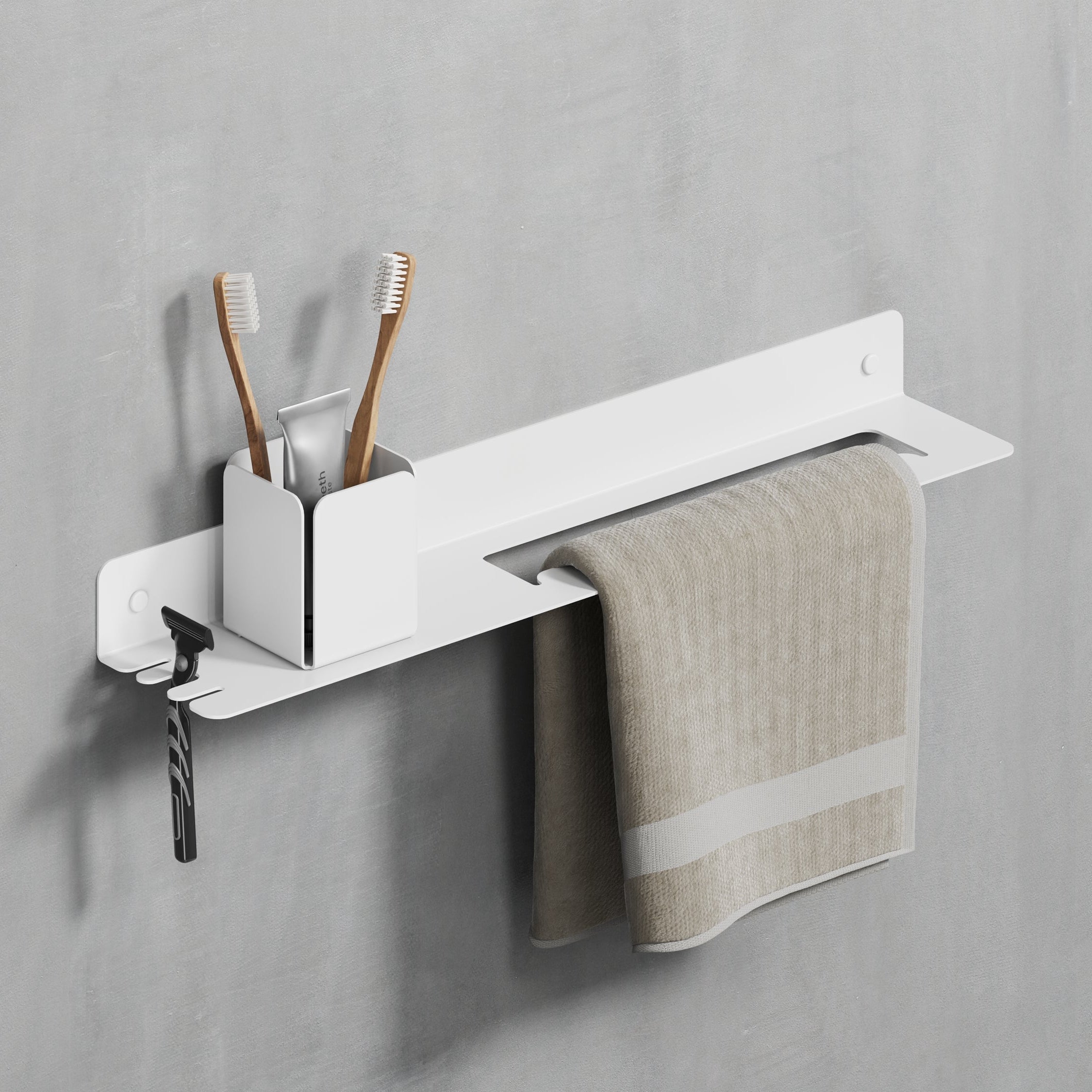 white metal wall towel shelf