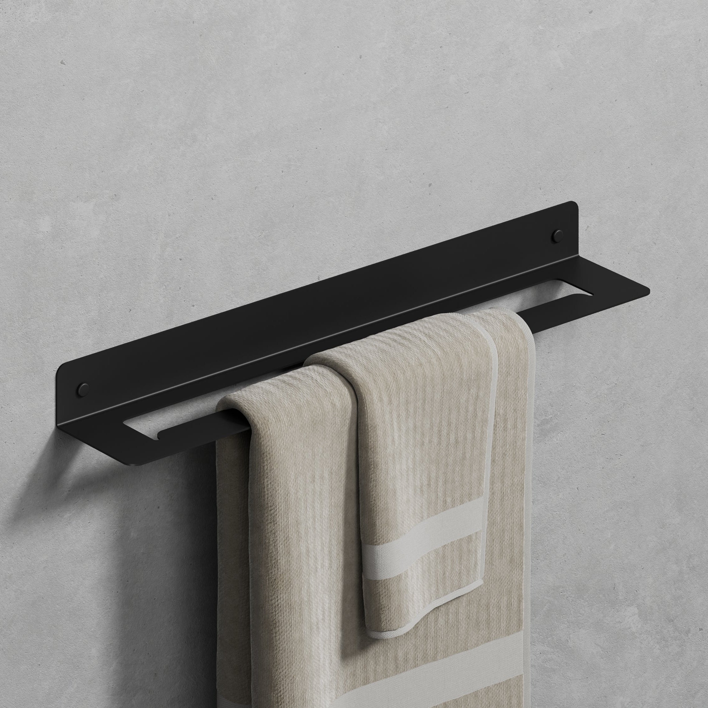 50 cm black powder-coated steel wall-mounted towel shelf positioned in the middle, offering a sleek and modern storage solution