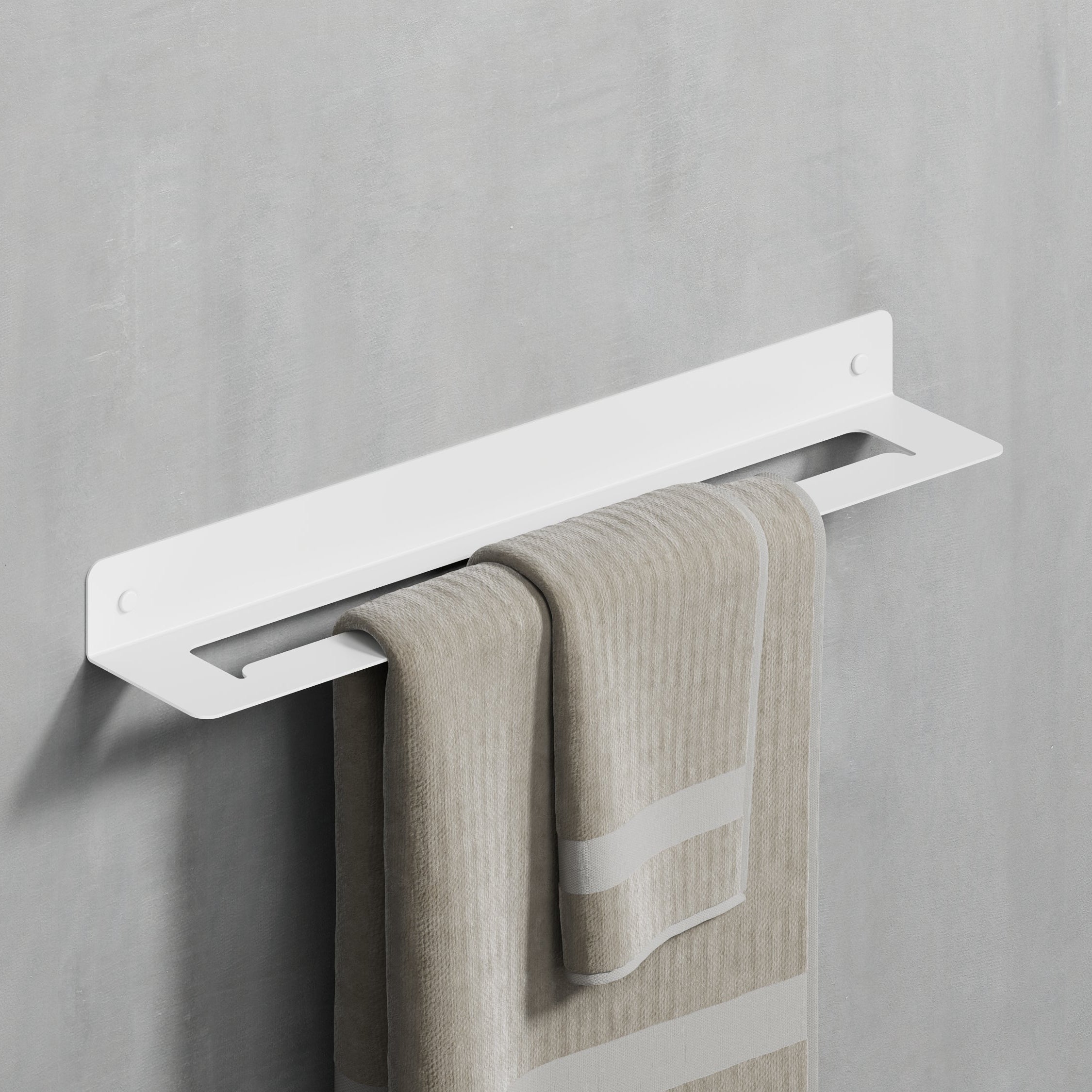 Wall-mounted towel shelf in the middle, made from white powder-coated steel, measuring 50 cm (20 inches) in length, ideal for a bright and modern bathroom