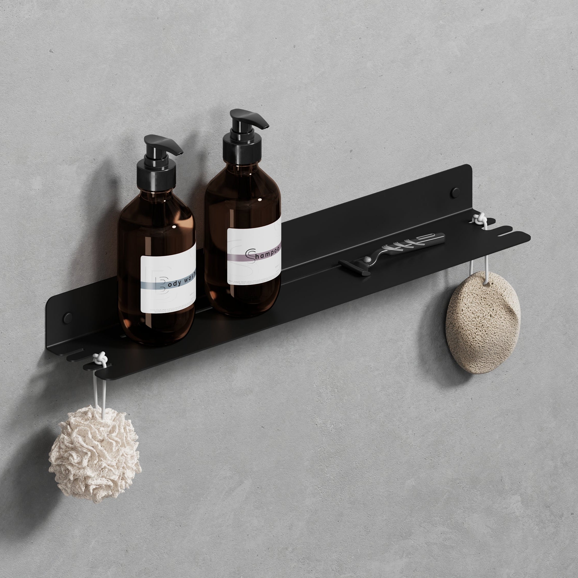 50 cm black powder-coated galvanized steel shower shelf with hooks, providing ample space for shower essentials and hanging items