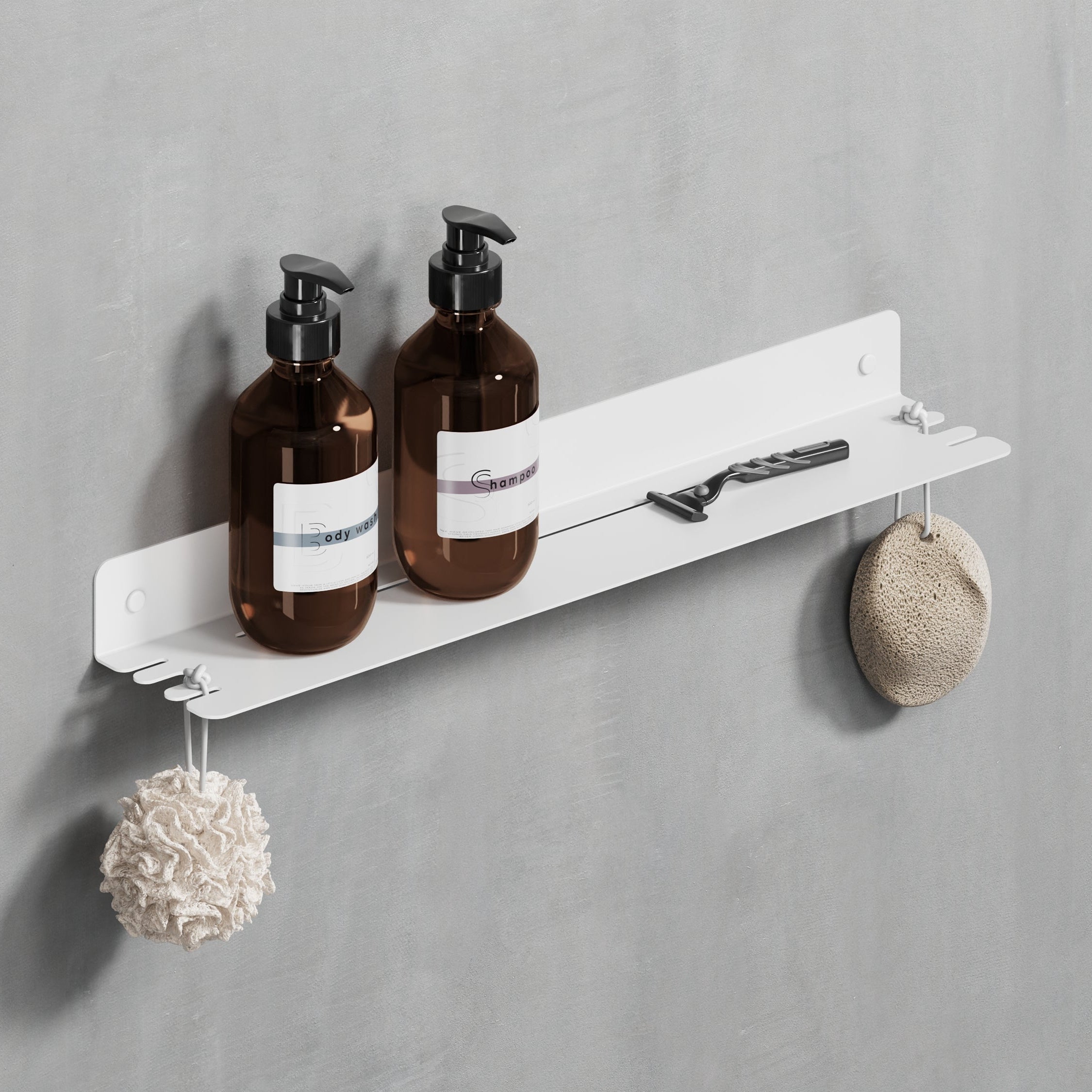 50 cm white powder-coated galvanized steel shower shelf with hooks, ideal for holding a range of shower essentials and hanging items