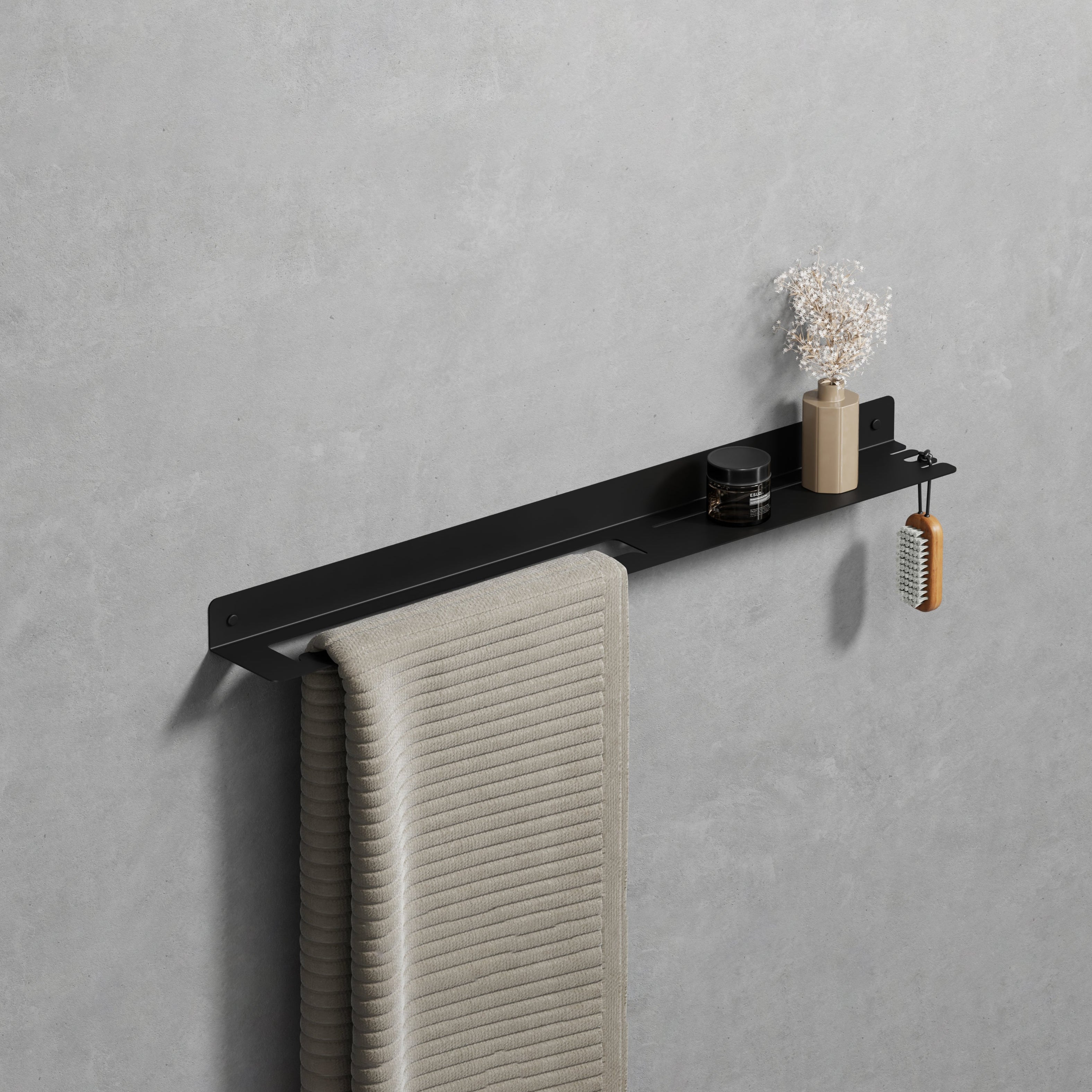 black matte steel towel shelf with hook