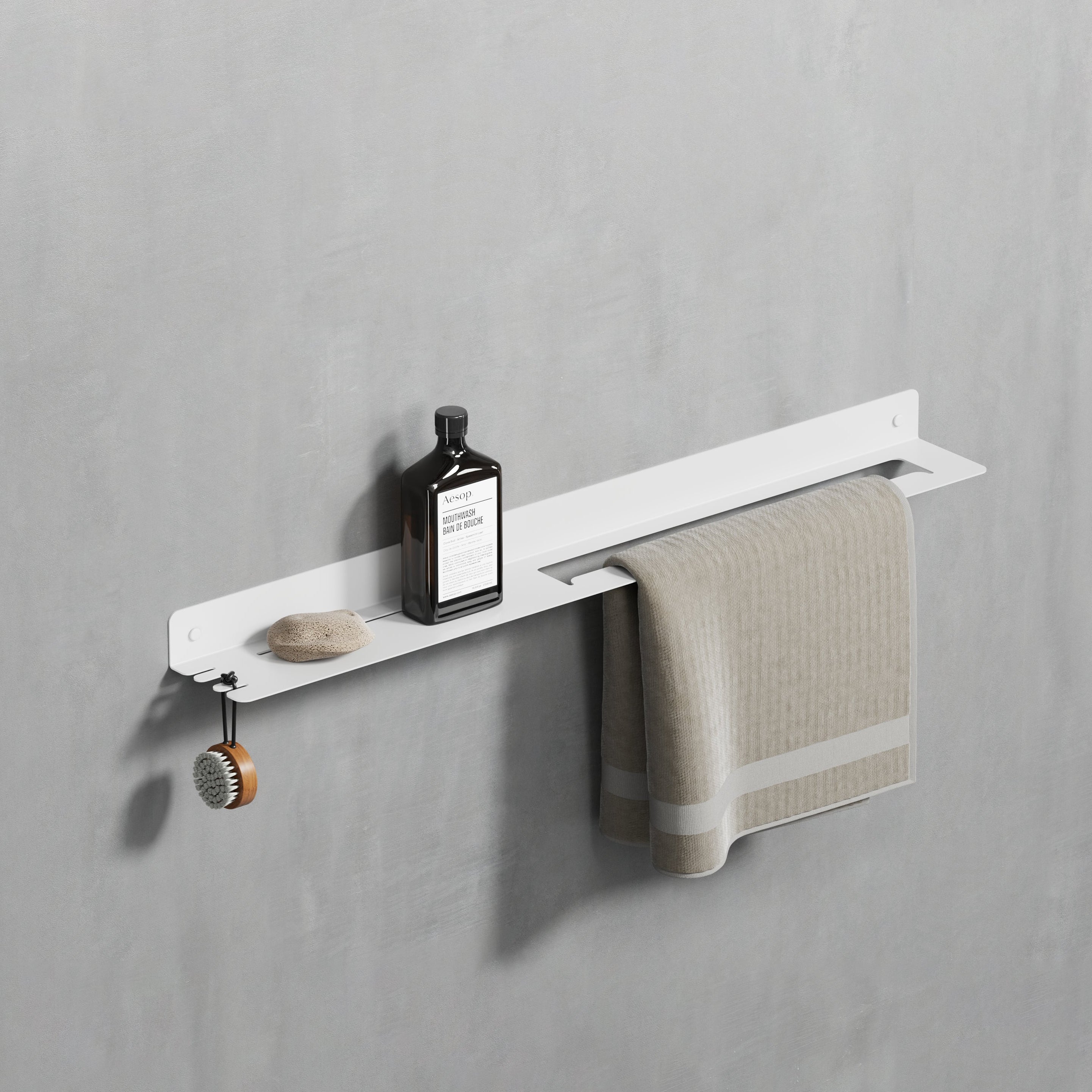 white metal towel shelf with hook