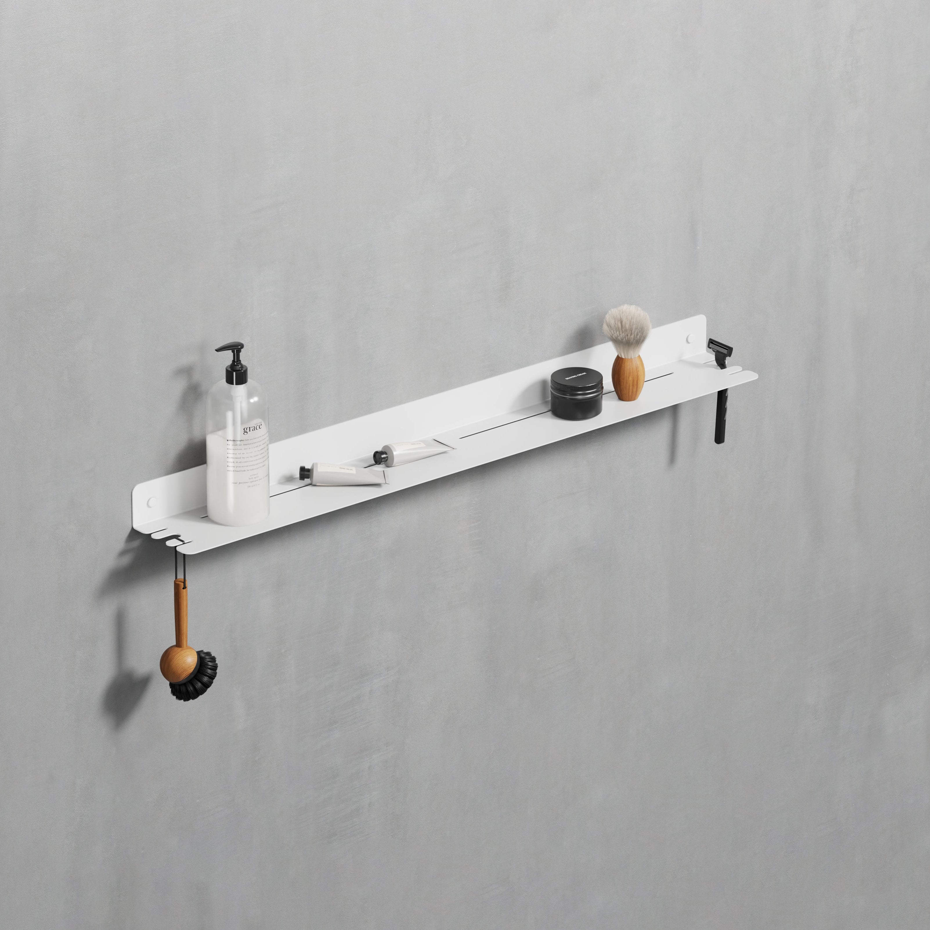 75 cm white powder-coated galvanized steel shower shelf with hooks, perfect for organizing multiple toiletries and hanging accessories with a stylish touch