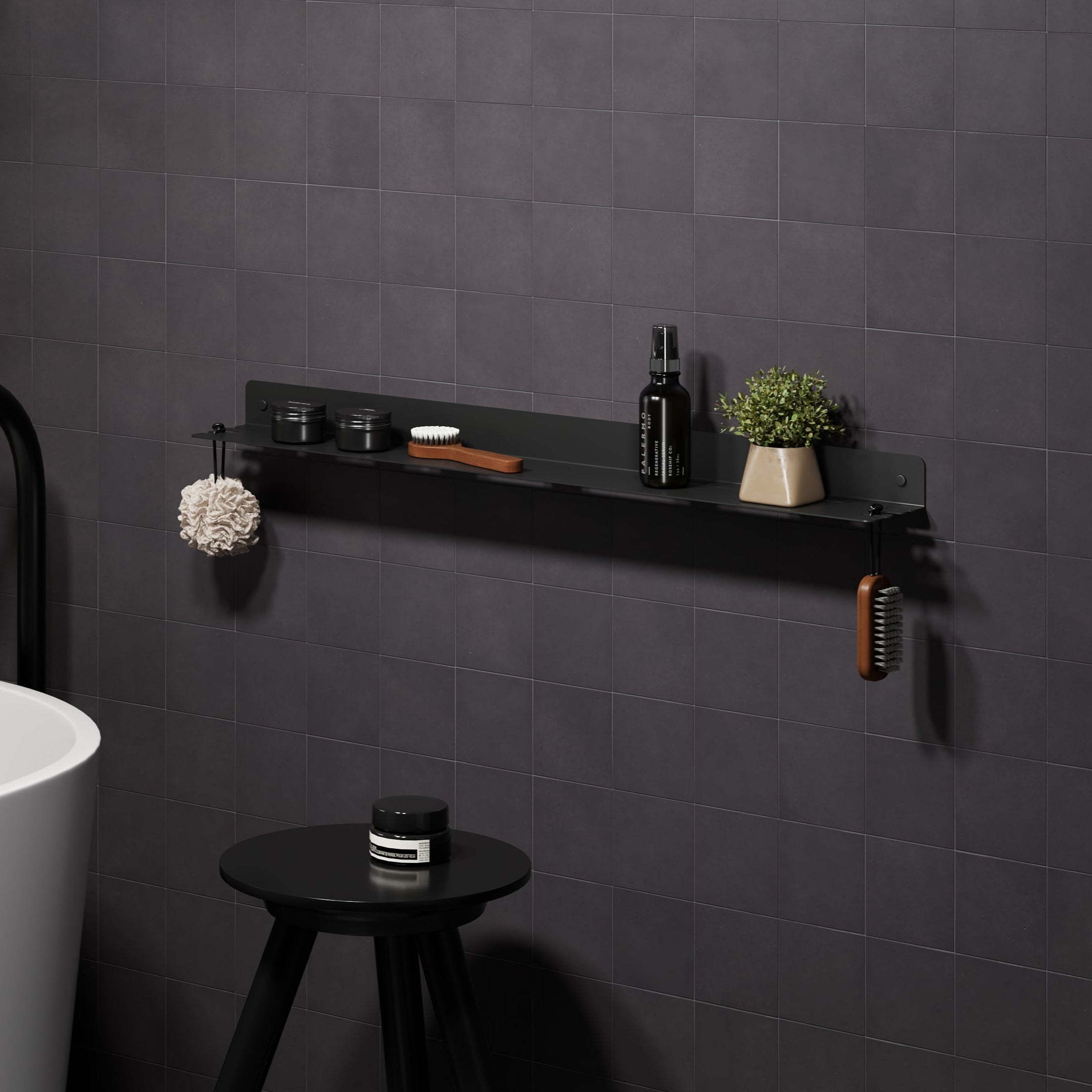 30" black steel shower shelf with hooks