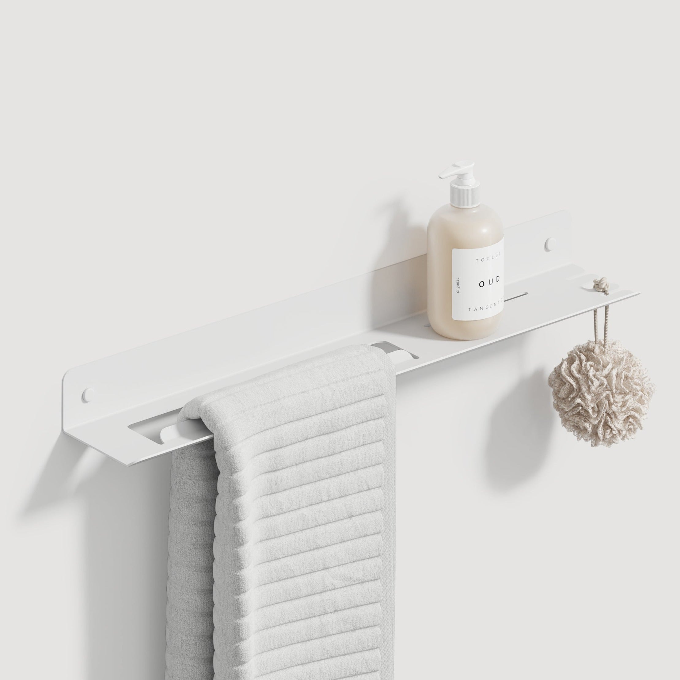 white steel towel rack with shelf and hook