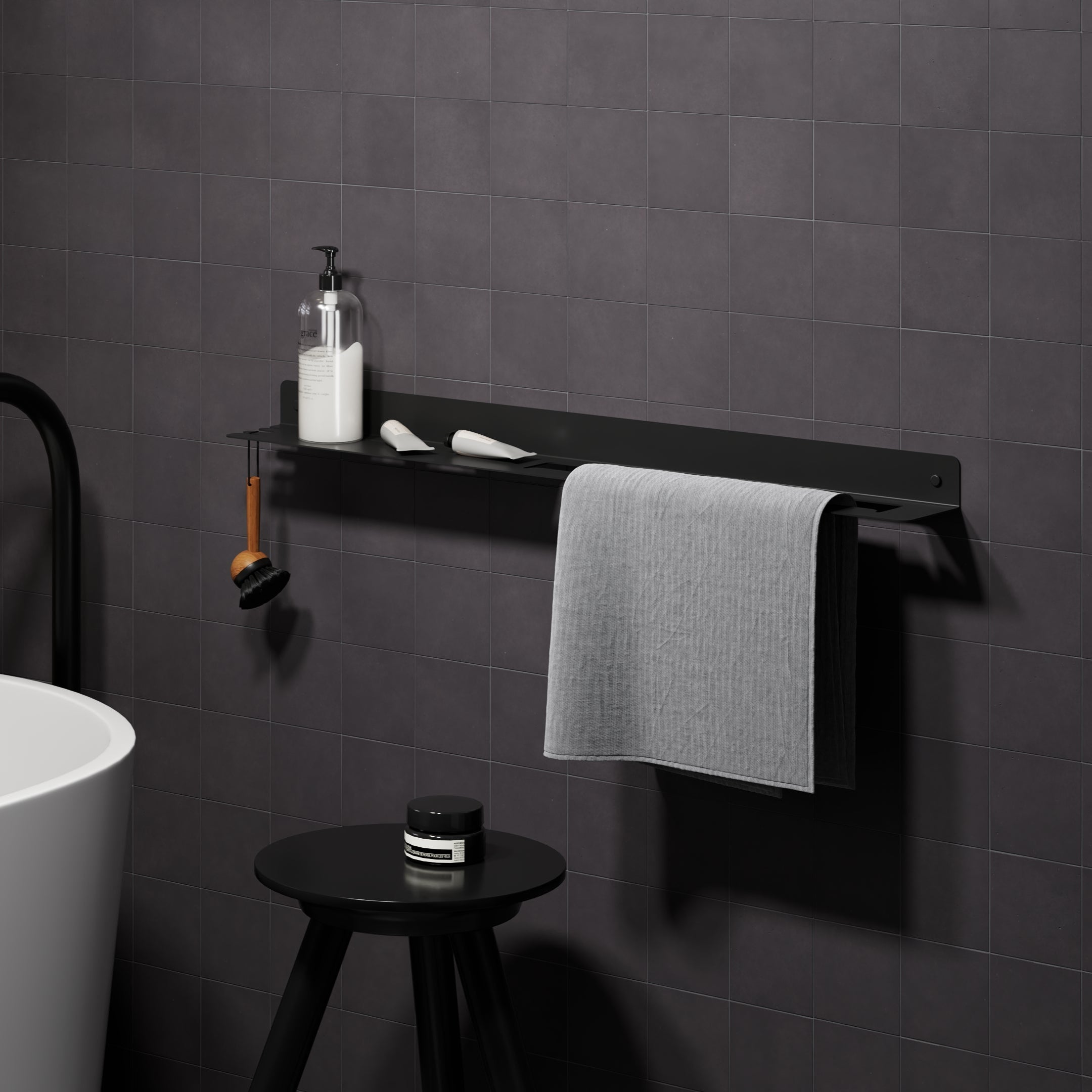 wall bathroom black matte shelf with towel hanger