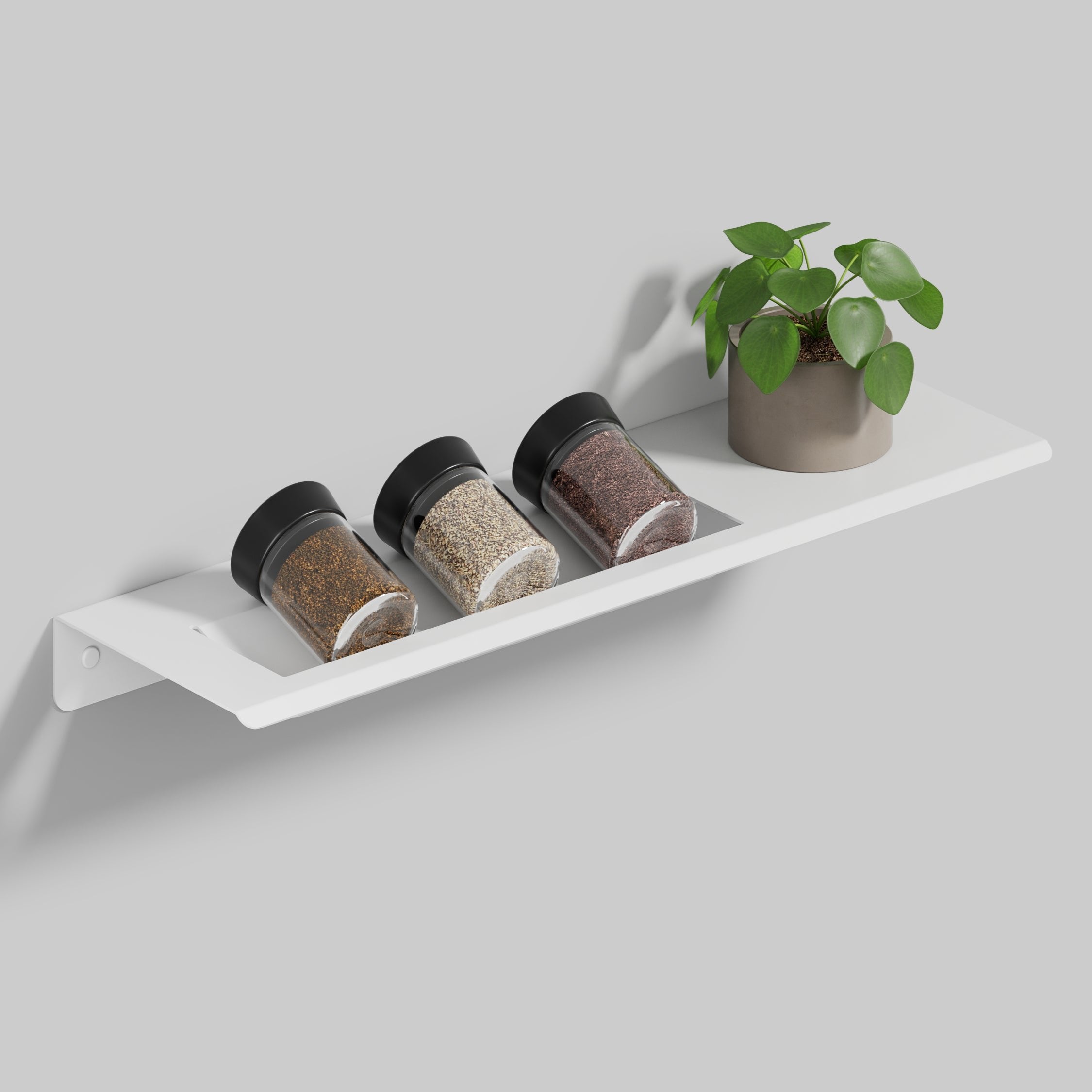 white steel spice rack with shelf