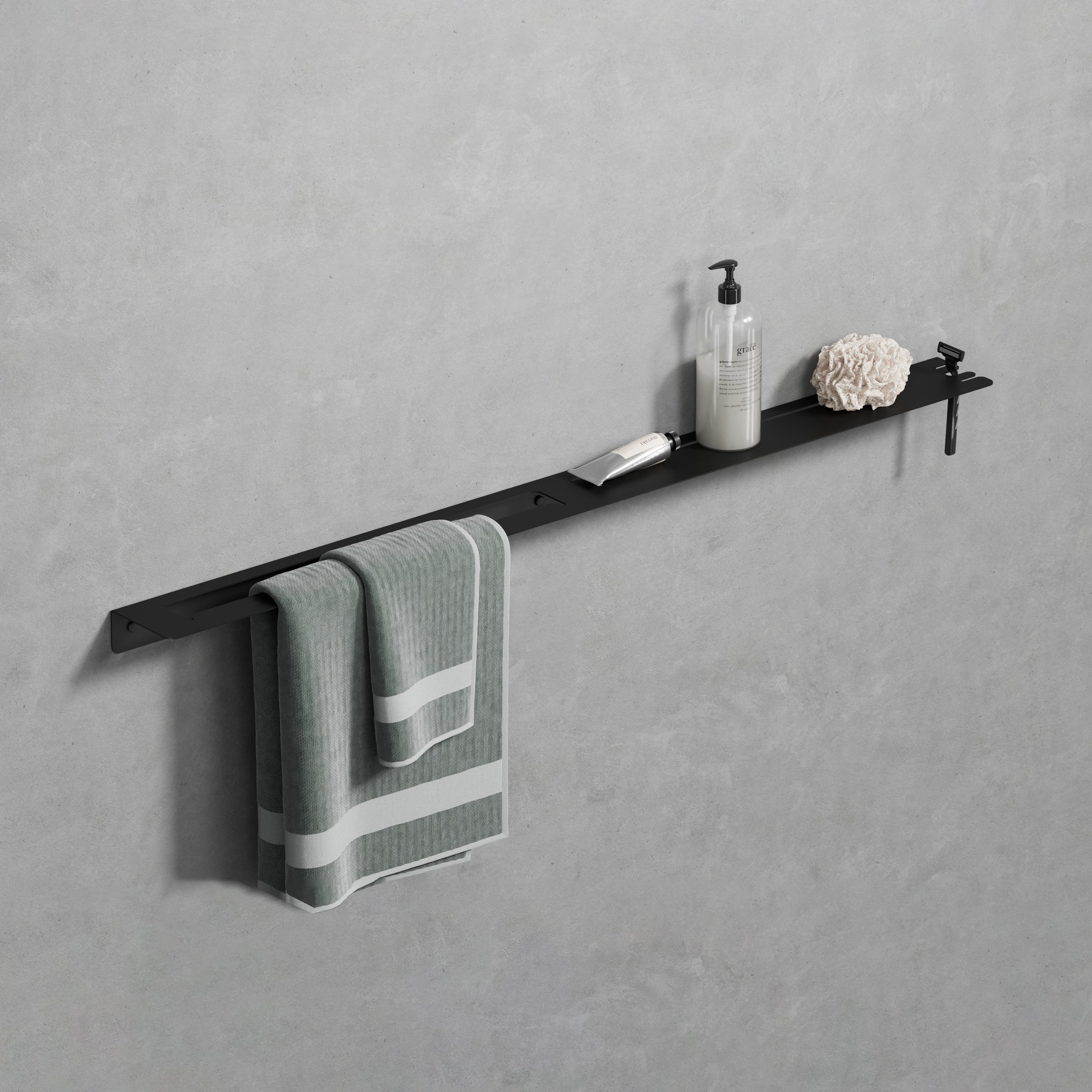 Towel rack with shelf and hook black matte steel