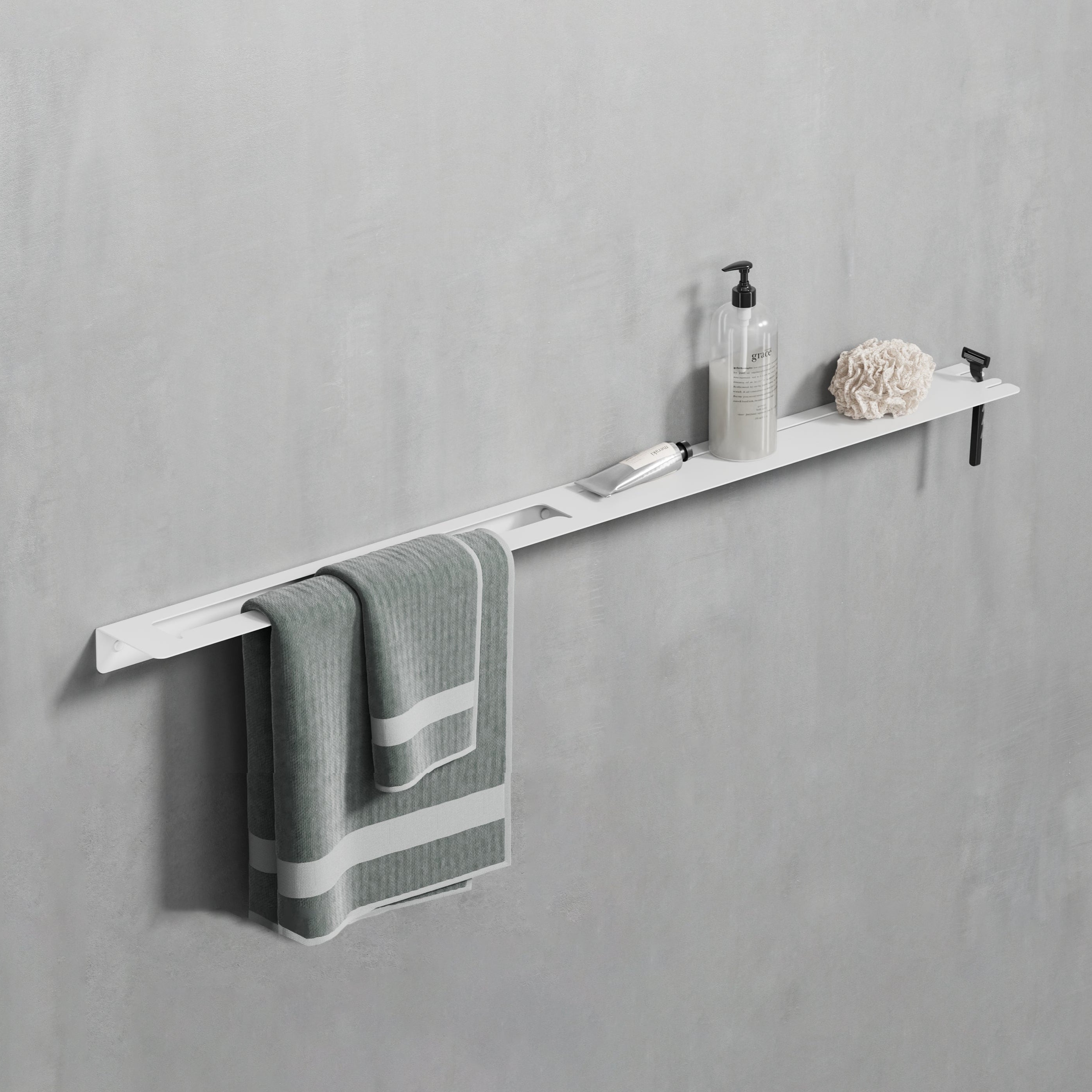 white 40" long towel holder with shelf and hook