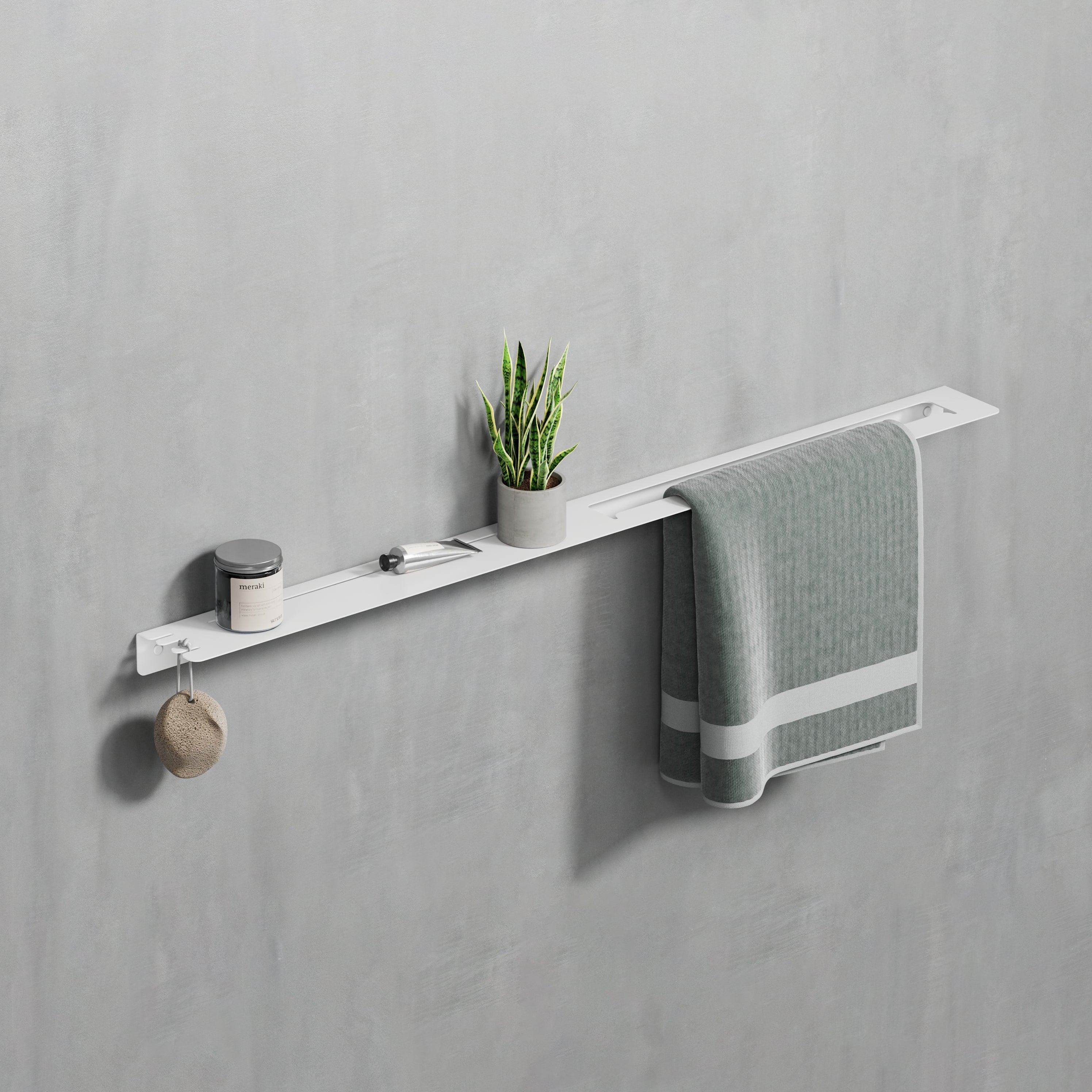 white matte steel towel rack with shelf