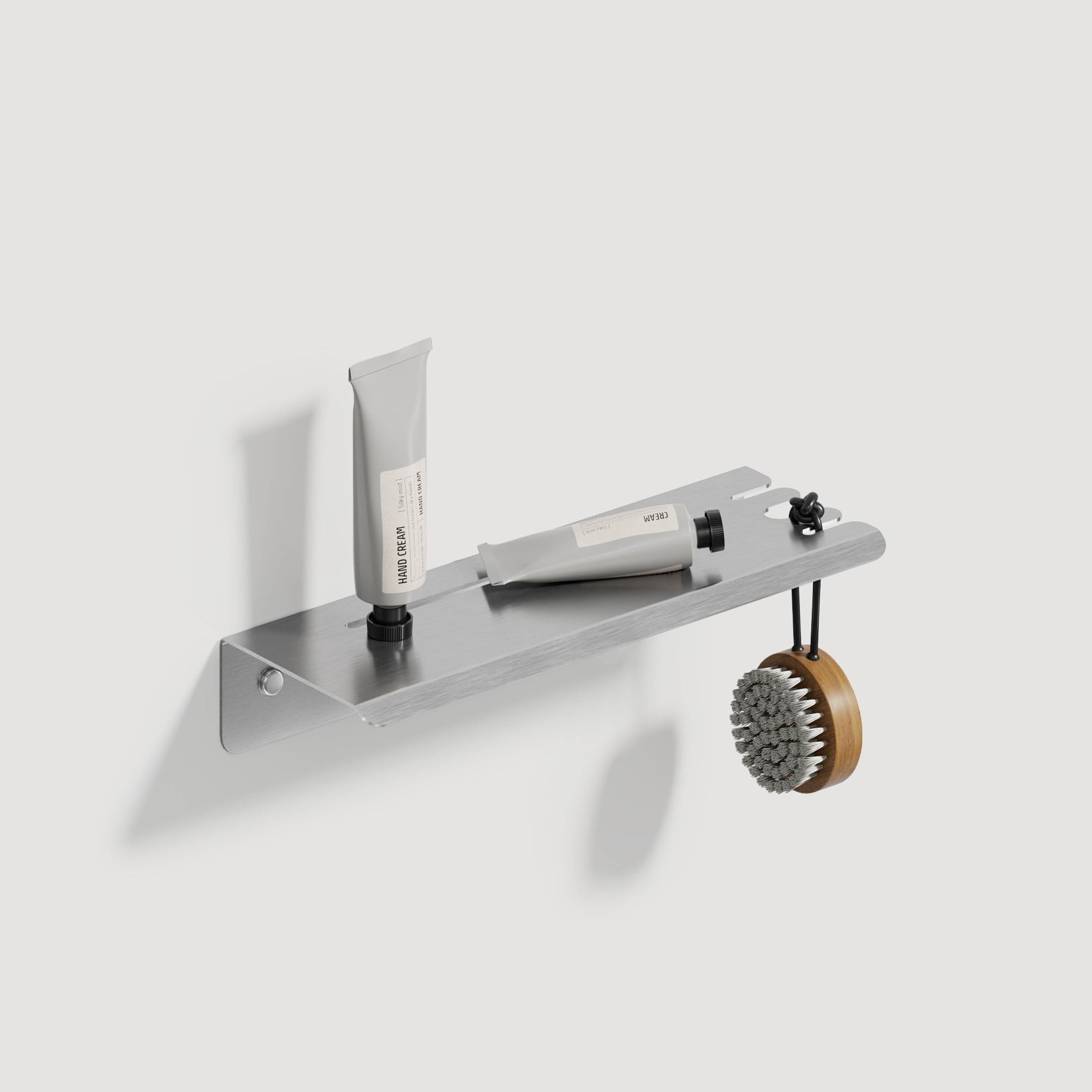 Brushed steel shower shelf with right hook