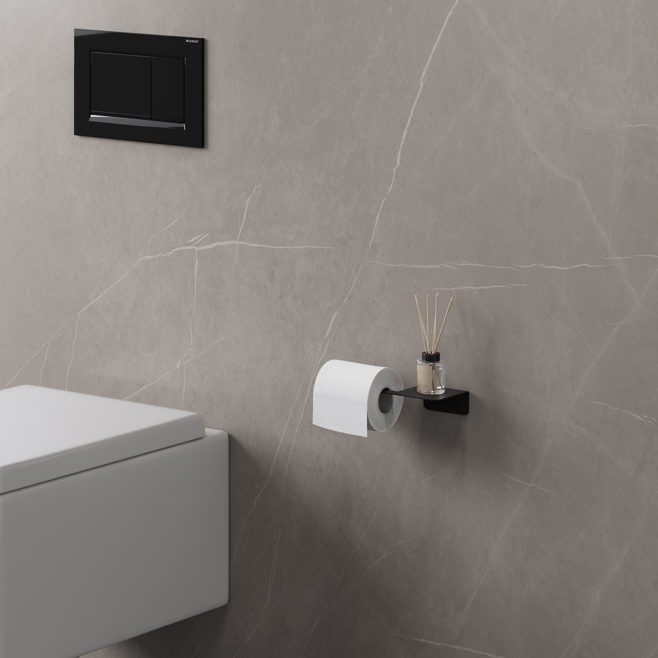 Minimalistic black steel toilet paper holder with a durable finish, perfectly blending into a contemporary bathroom.