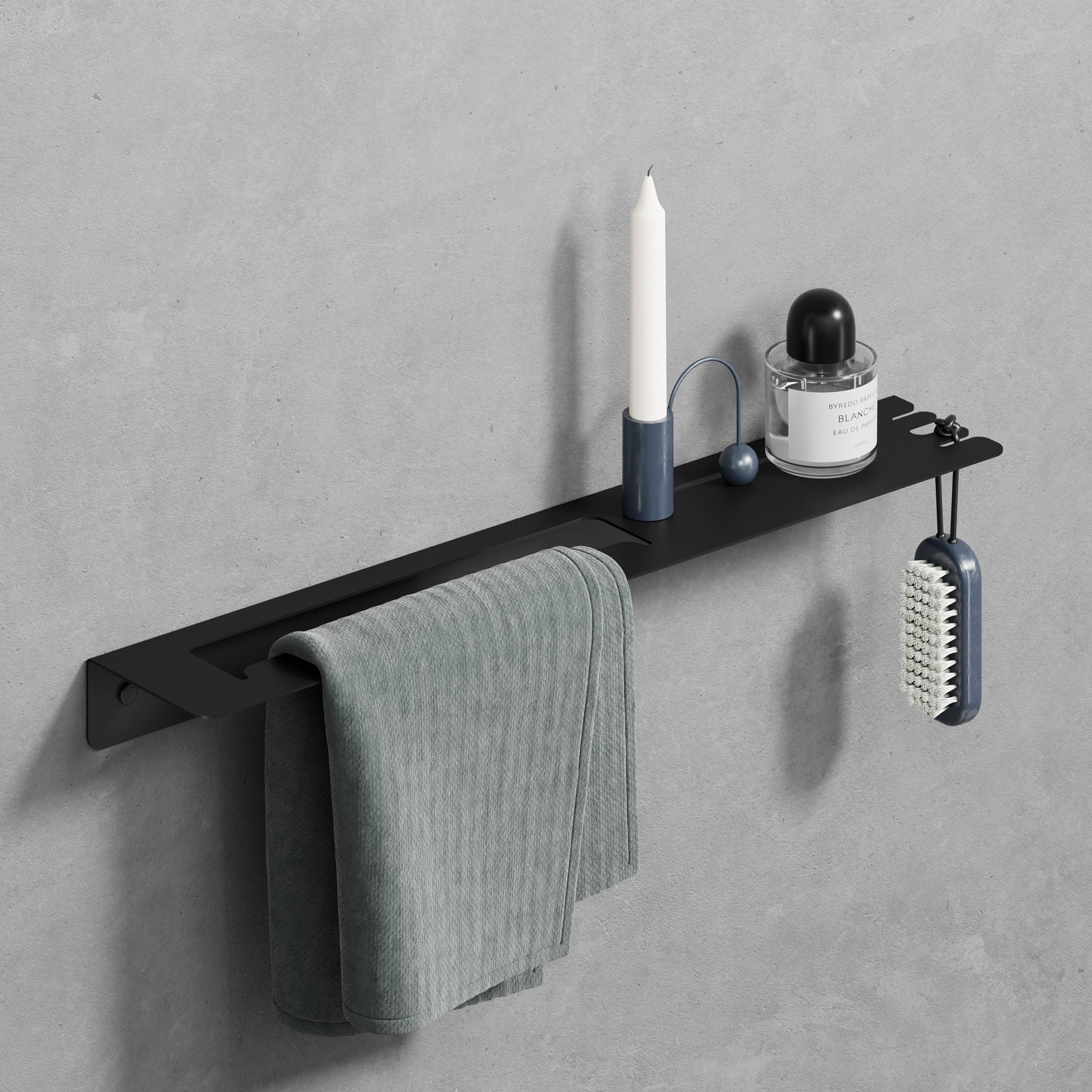 black matte steel shelf with towel holder