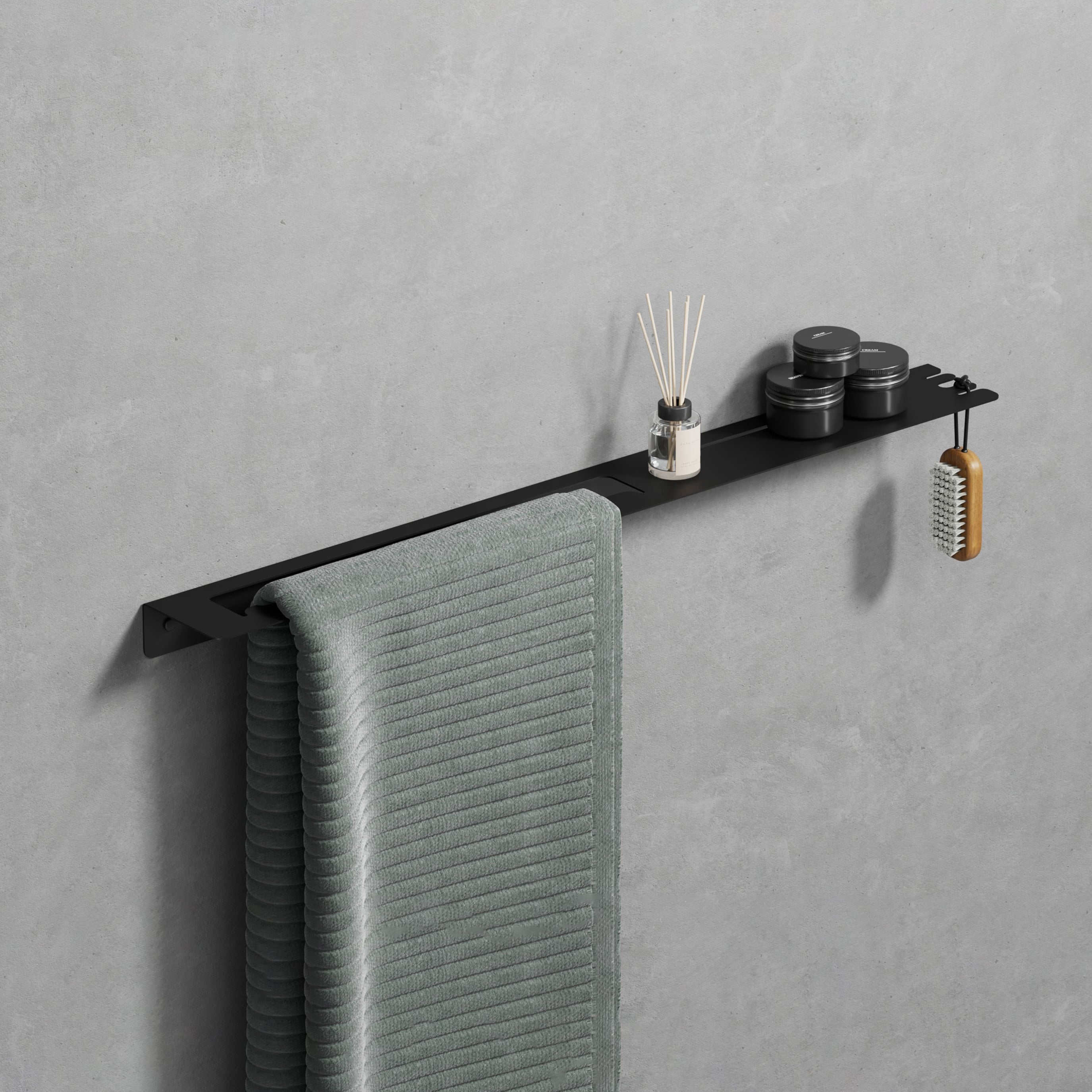 Shelf with towel holder and hook 750mm, black steel