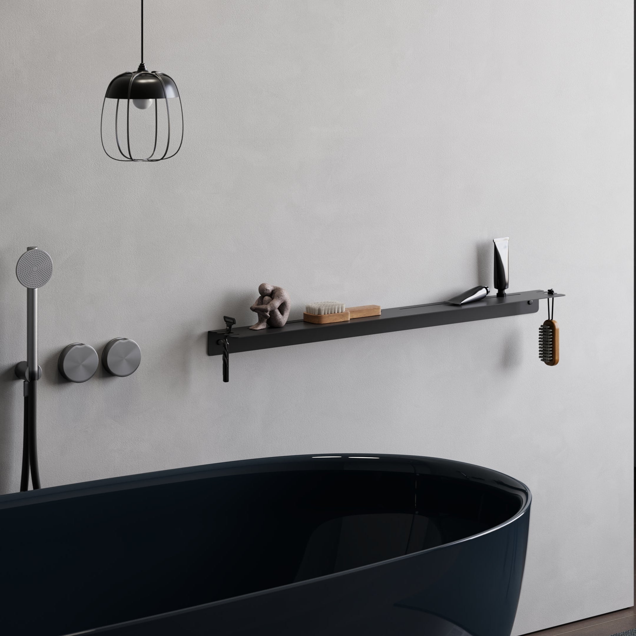 bathroom modern design with long black shelf