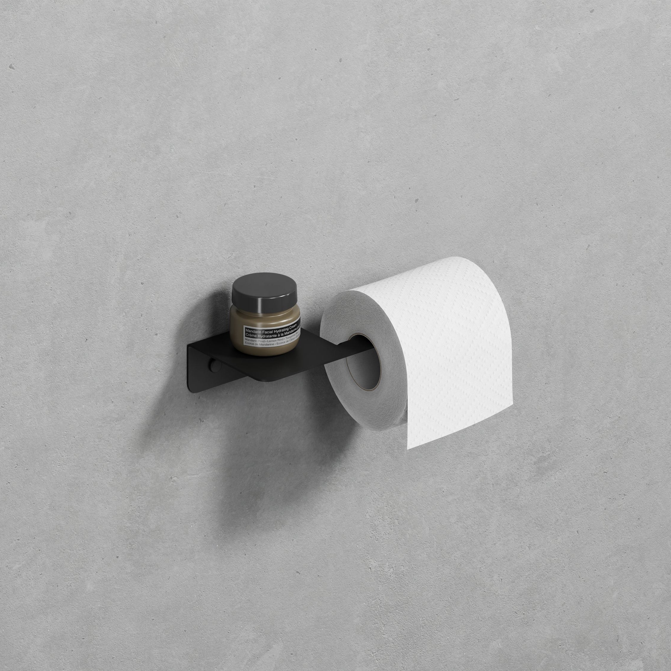 Elegant black steel toilet paper holder featuring a simple design, adding a touch of sophistication to the bathroom decor