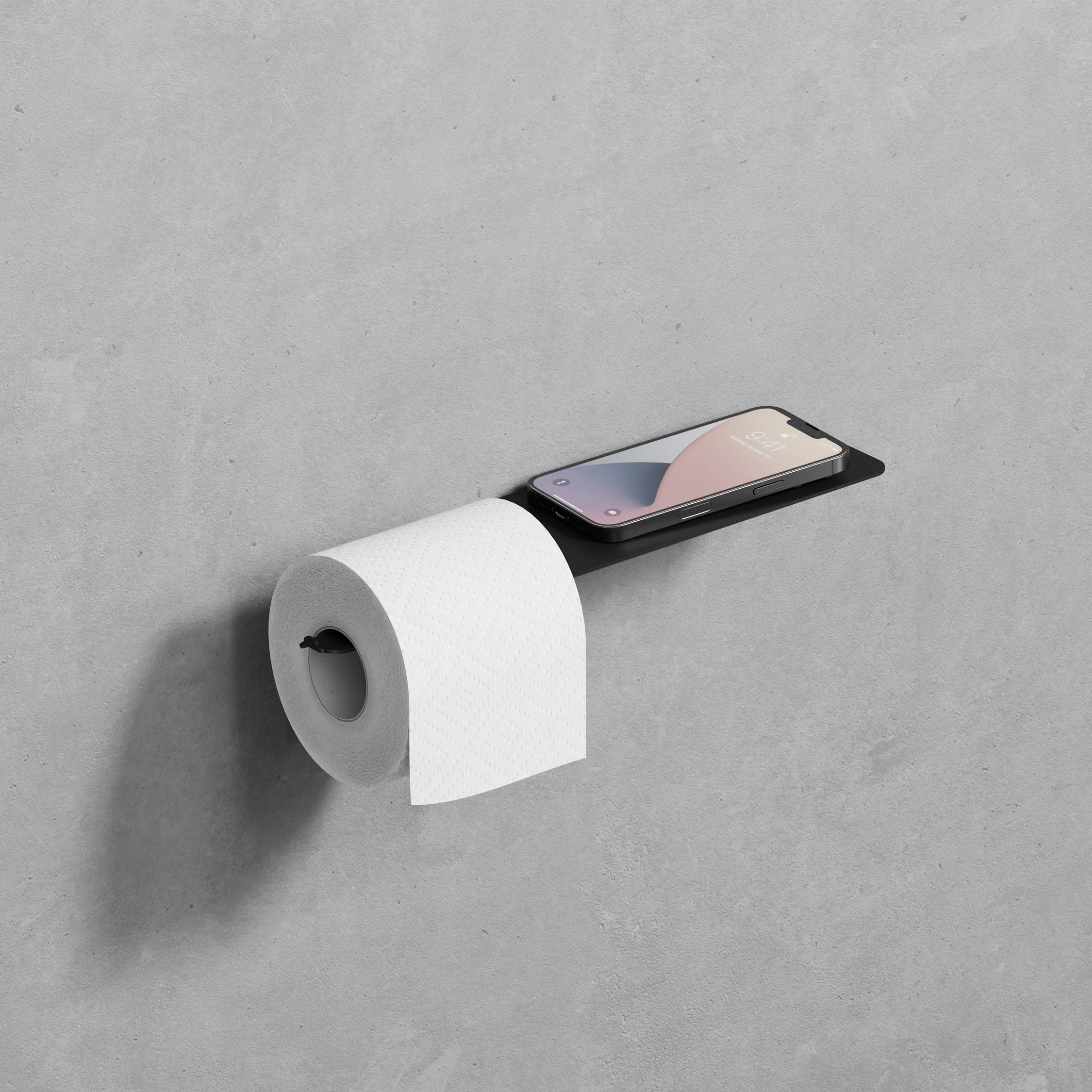 Minimalistic black steel toilet paper holder with a right-side shelf, featuring a durable finish, perfectly blending into a contemporary bathroom