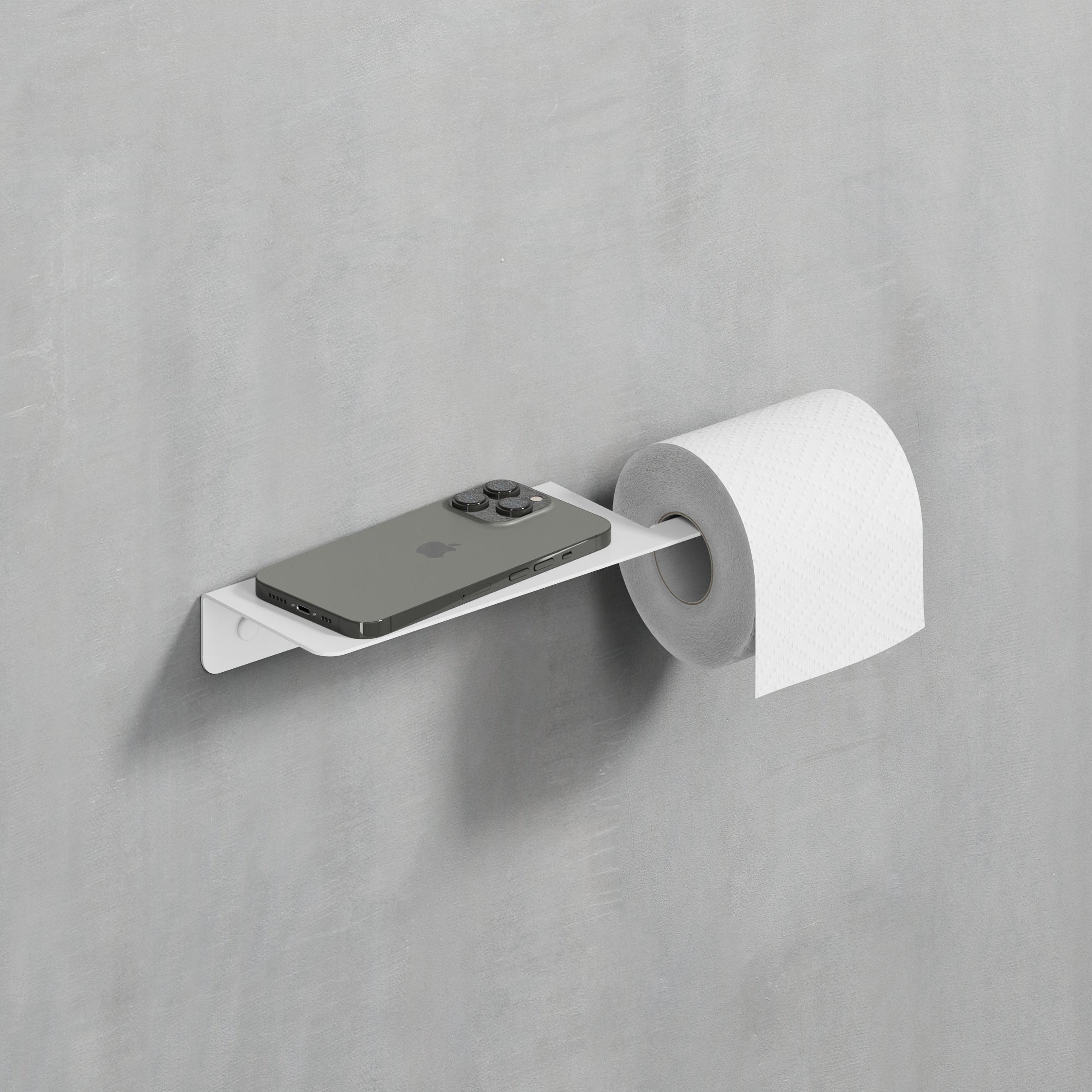 Chic white steel toilet paper holder with shelf and a sleek design, enhancing the bright  look of the bathroom