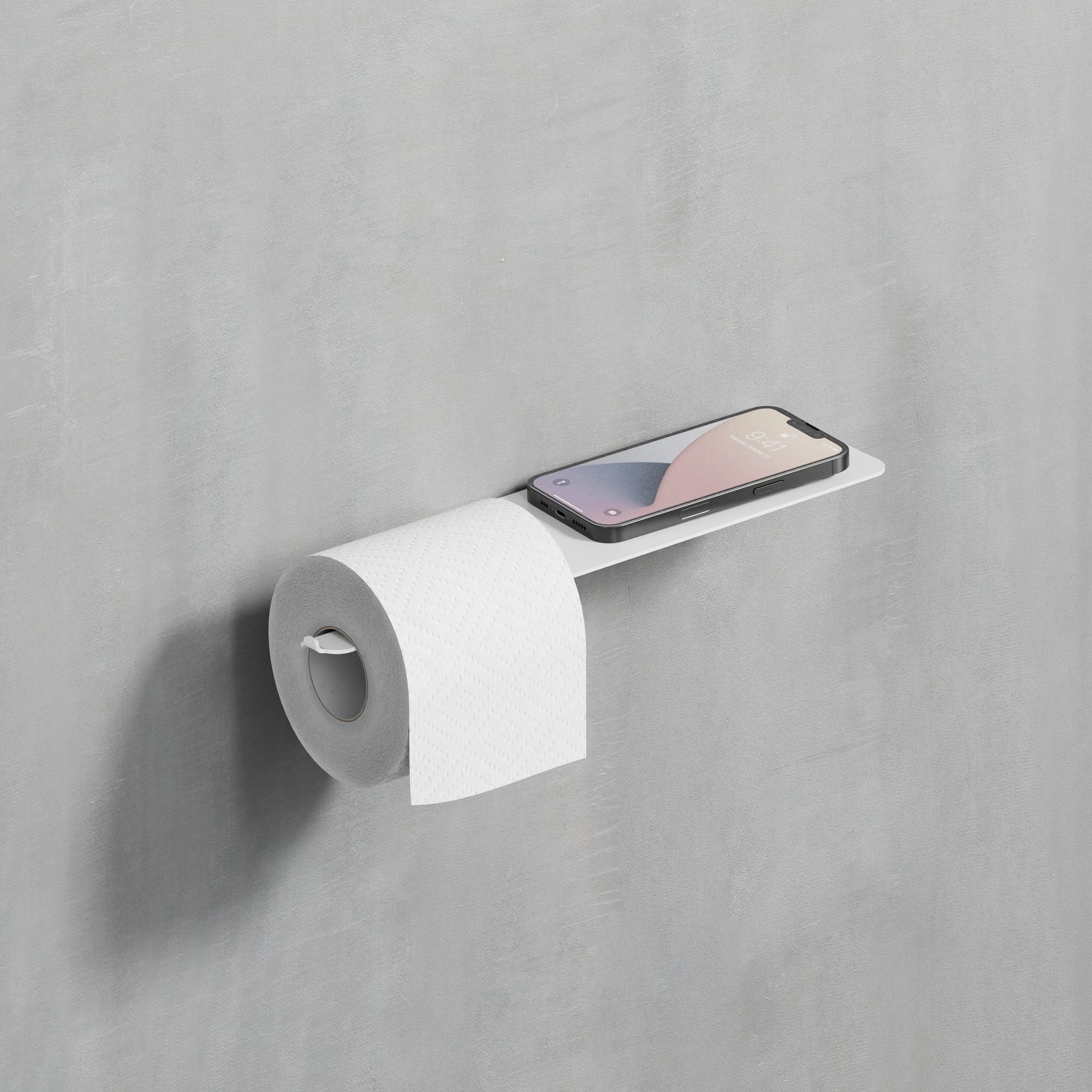 Clean white steel toilet paper holder left-side with shelf, installed on a bathroom wall, offering a fresh and airy feel