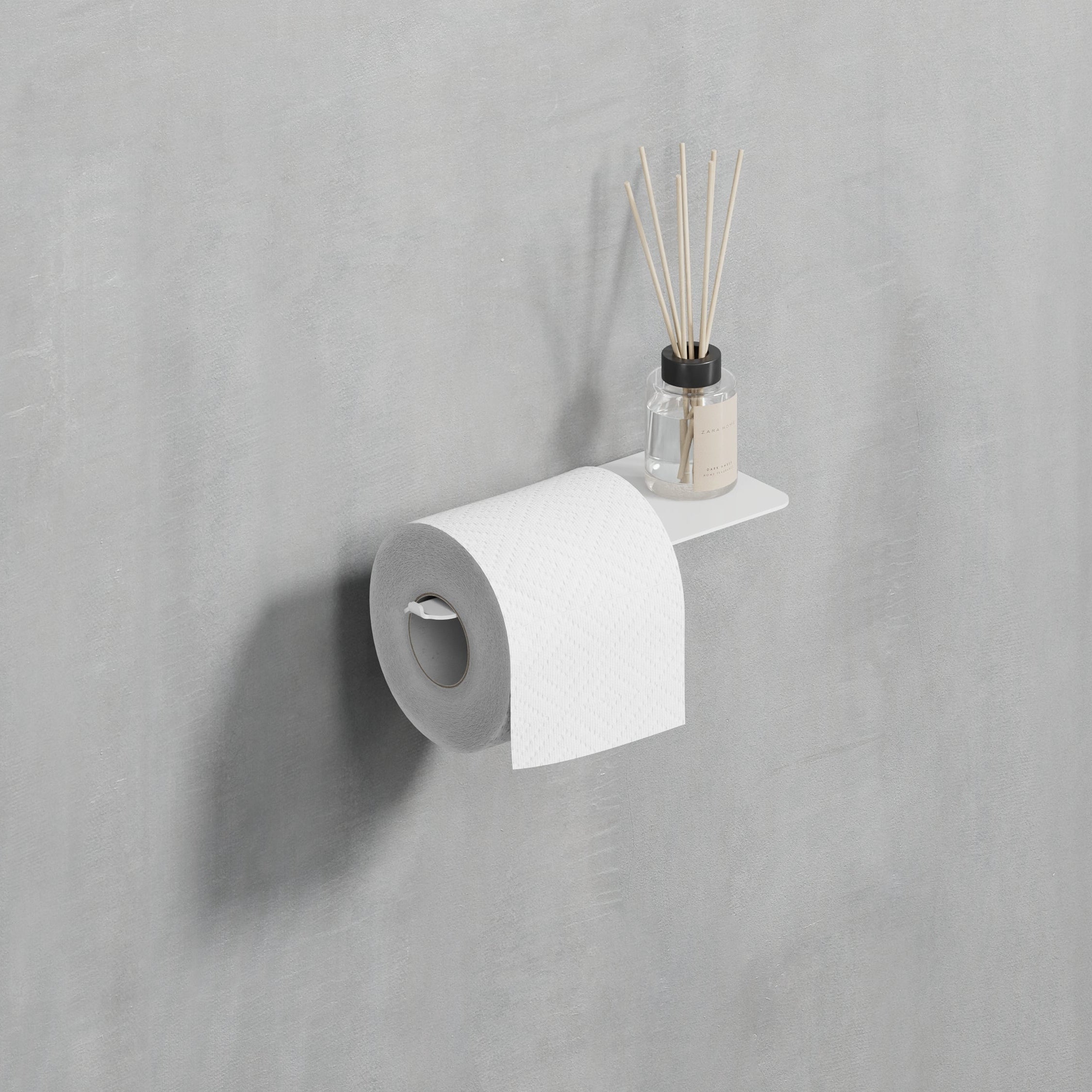 Modern white steel toilet paper holder with a smooth finish, seamlessly integrating into a minimalist bathroom design