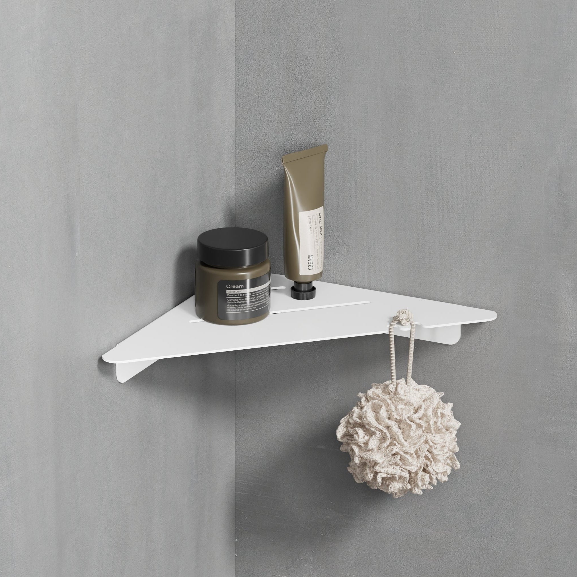 whte steel corner shelf with hook