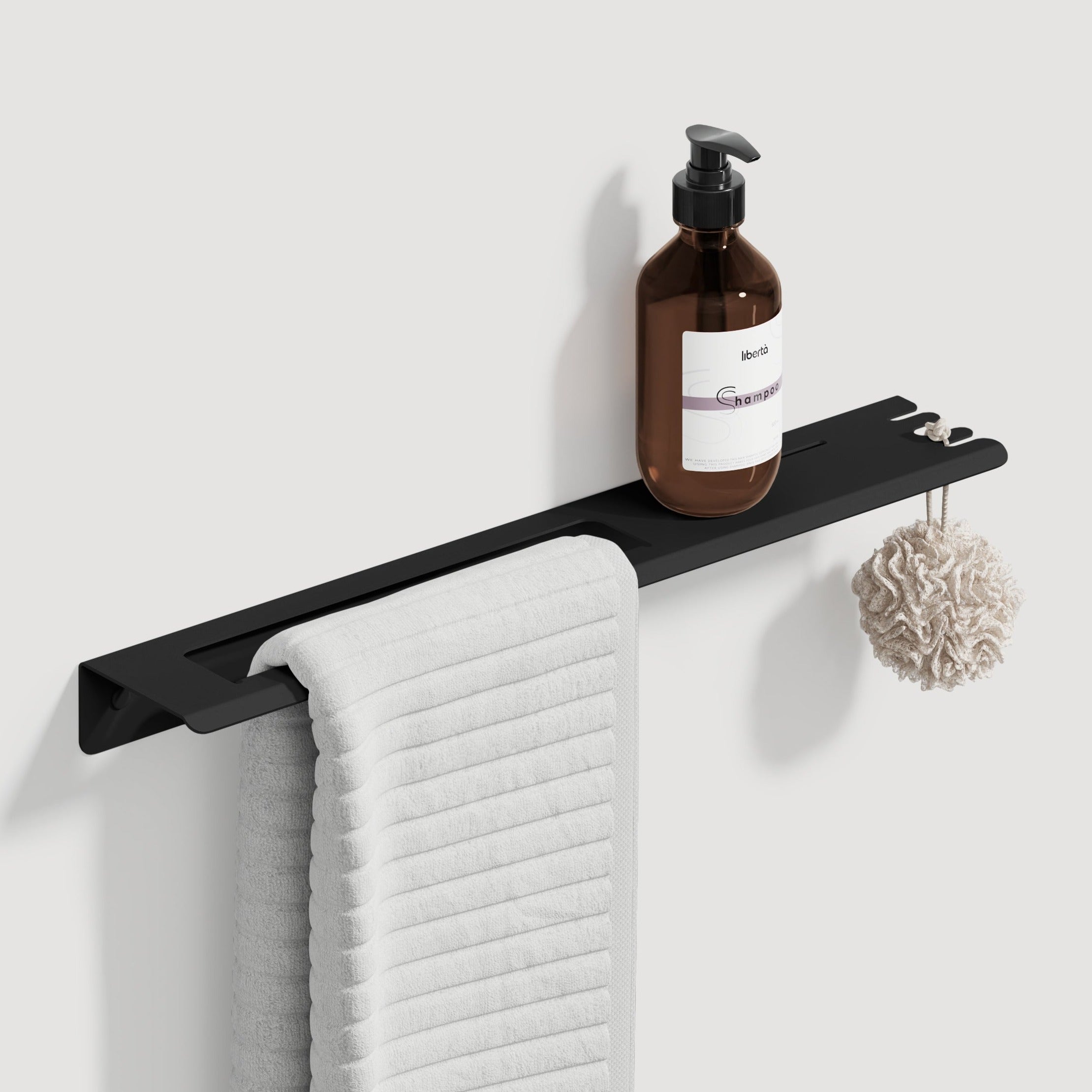 bathroom shelf with towel on left