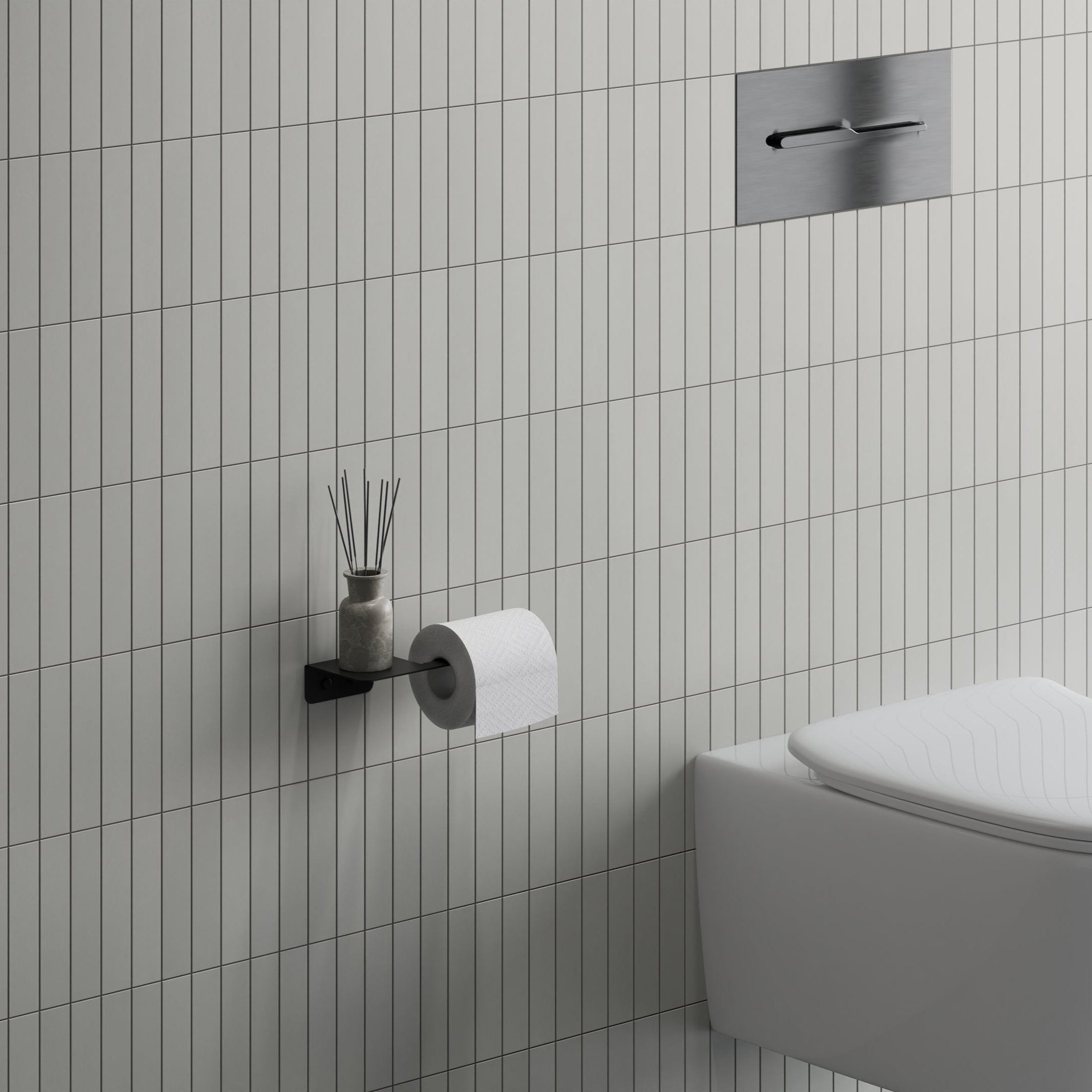 Minimalistic black steel toilet paper holder with a durable finish, perfectly blending into a contemporary bathroom