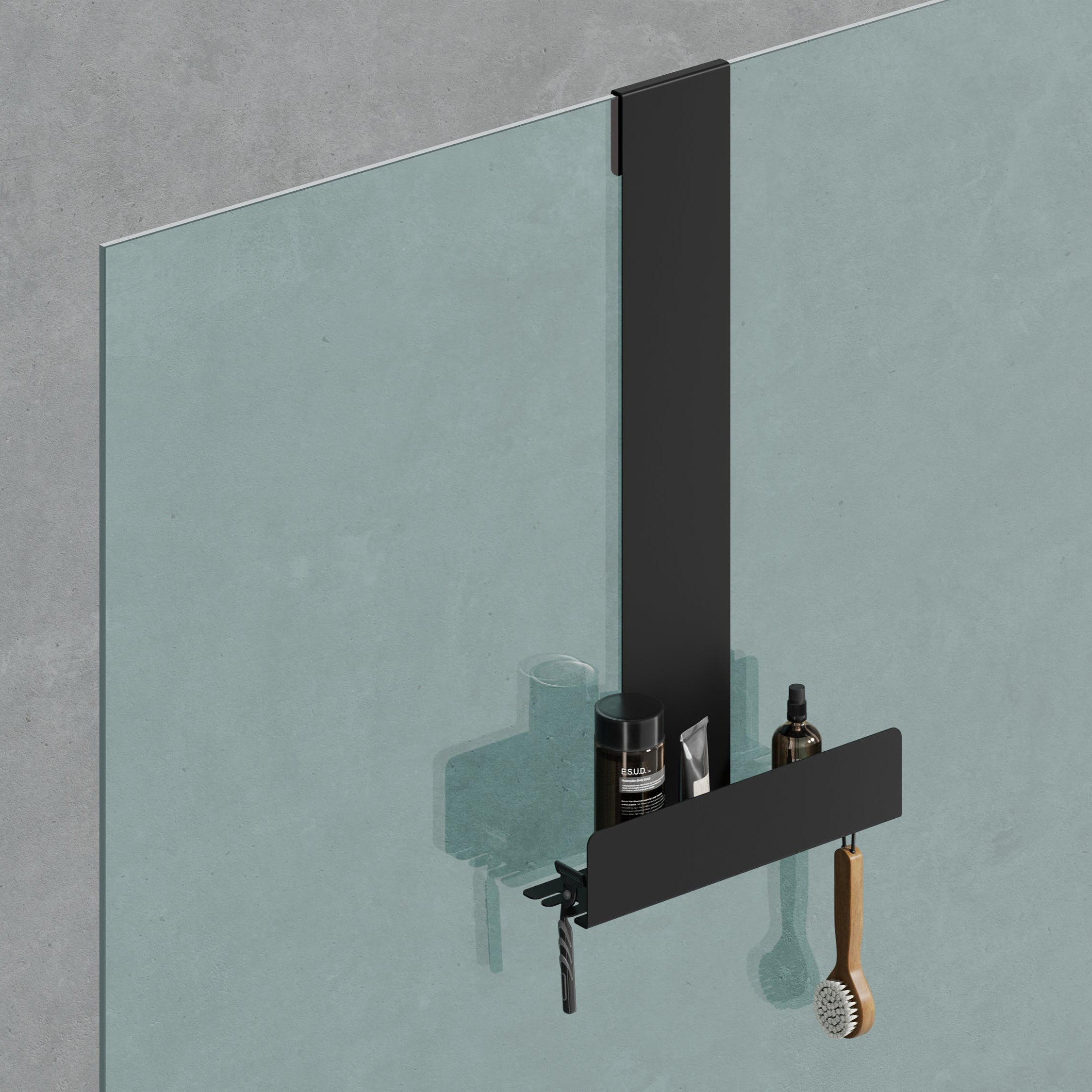 black powder-coated hanging shelf made from galvanized steel, ideal for organizing toiletries in a shower cabin