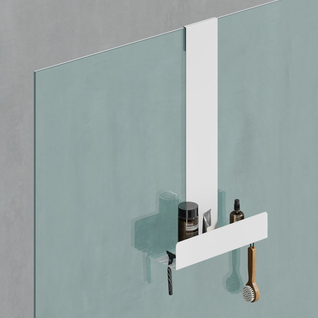 Durable galvanized steel hanging shelf with a white powder-coated finish, designed to fit perfectly in a shower cabin