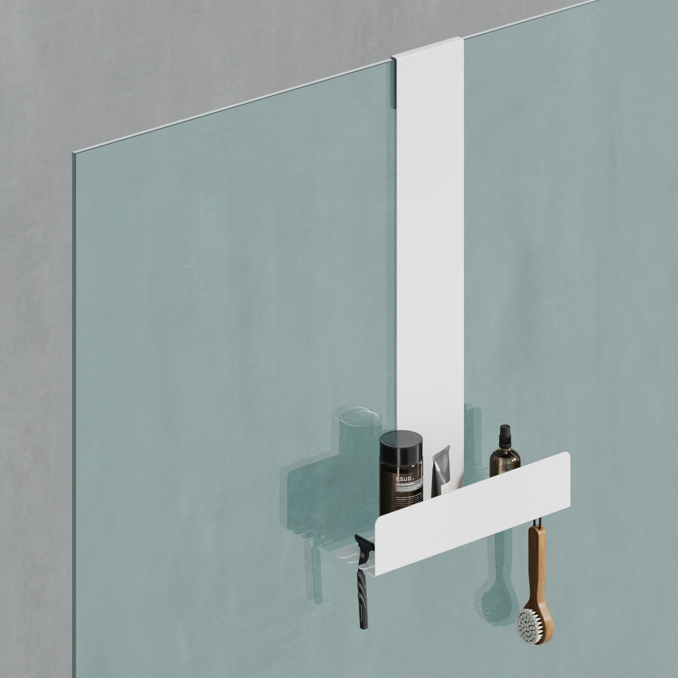 Durable galvanized steel hanging shelf with a white powder-coated finish, designed to fit perfectly in a shower cabin