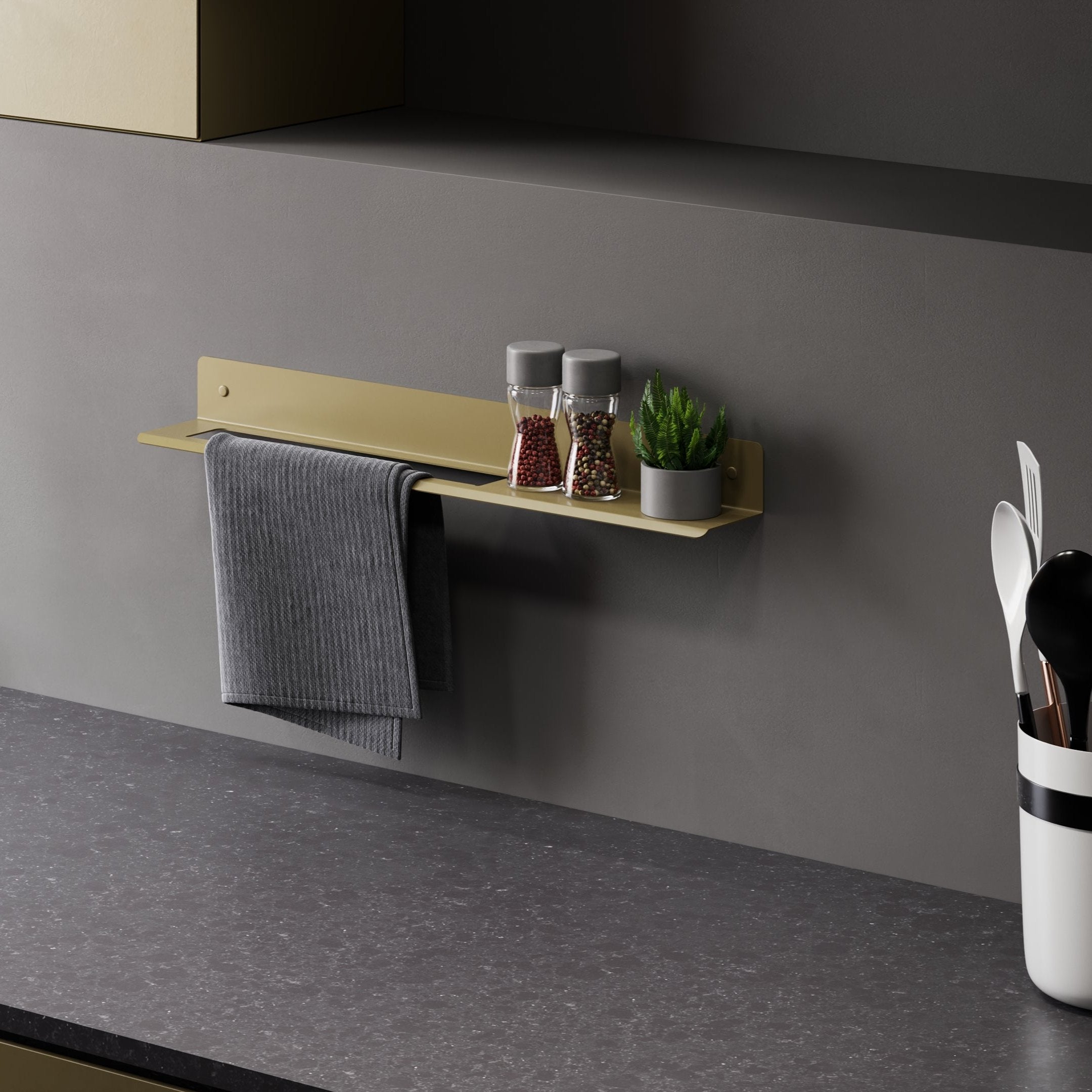 kitchen wall shelf with towel rack