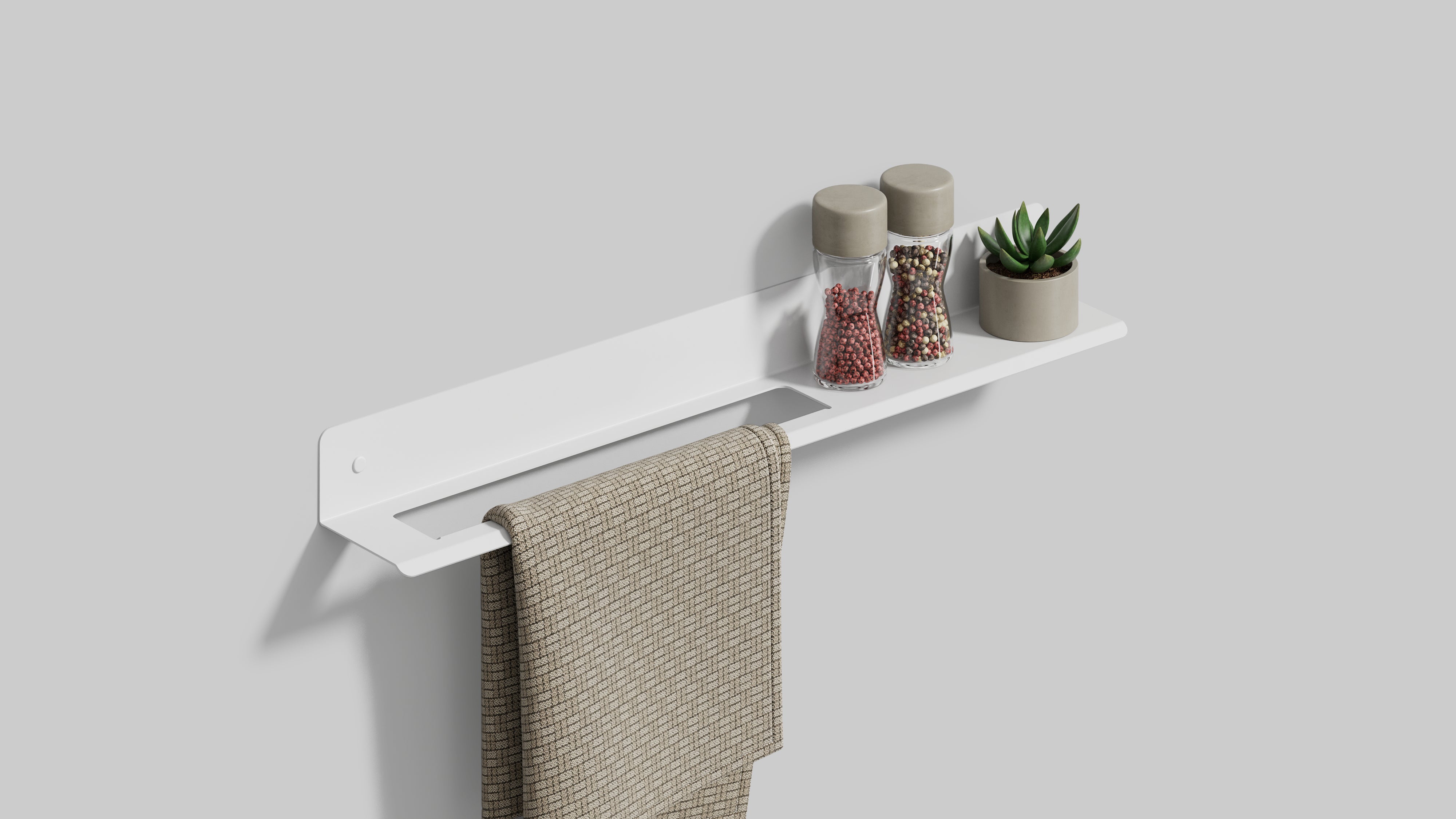 white wall floating shelf with towel rack