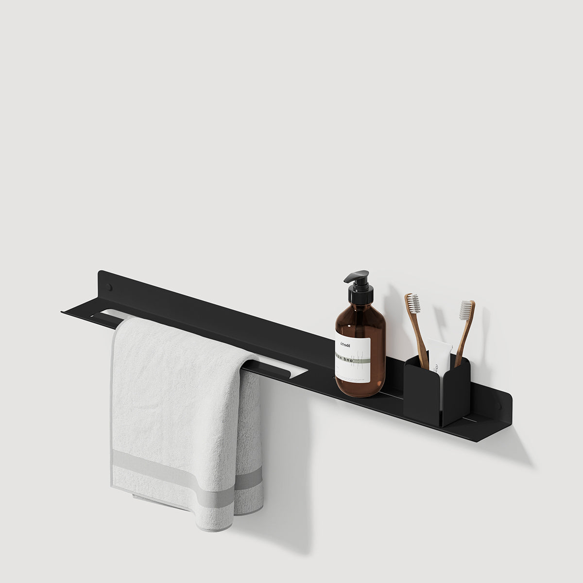 black matte metal shelf with towel rack