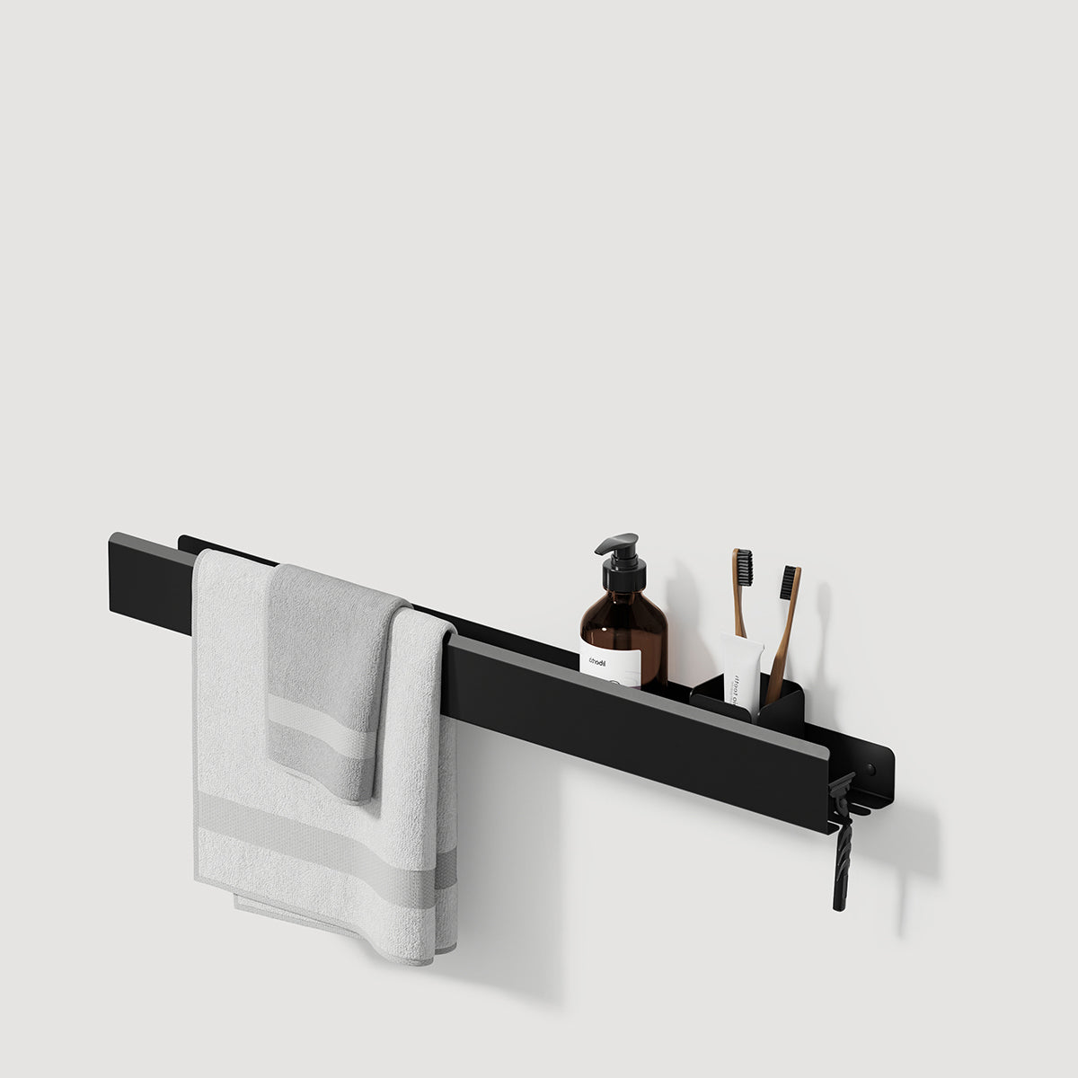 long black shelf with towel and hook loft