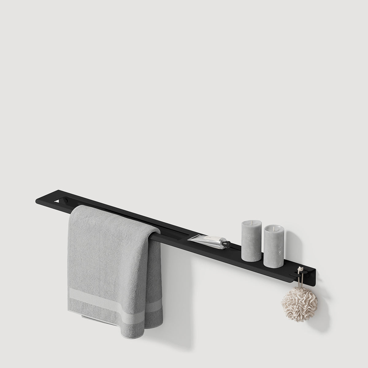 long bathroom metal shelf with towel bar