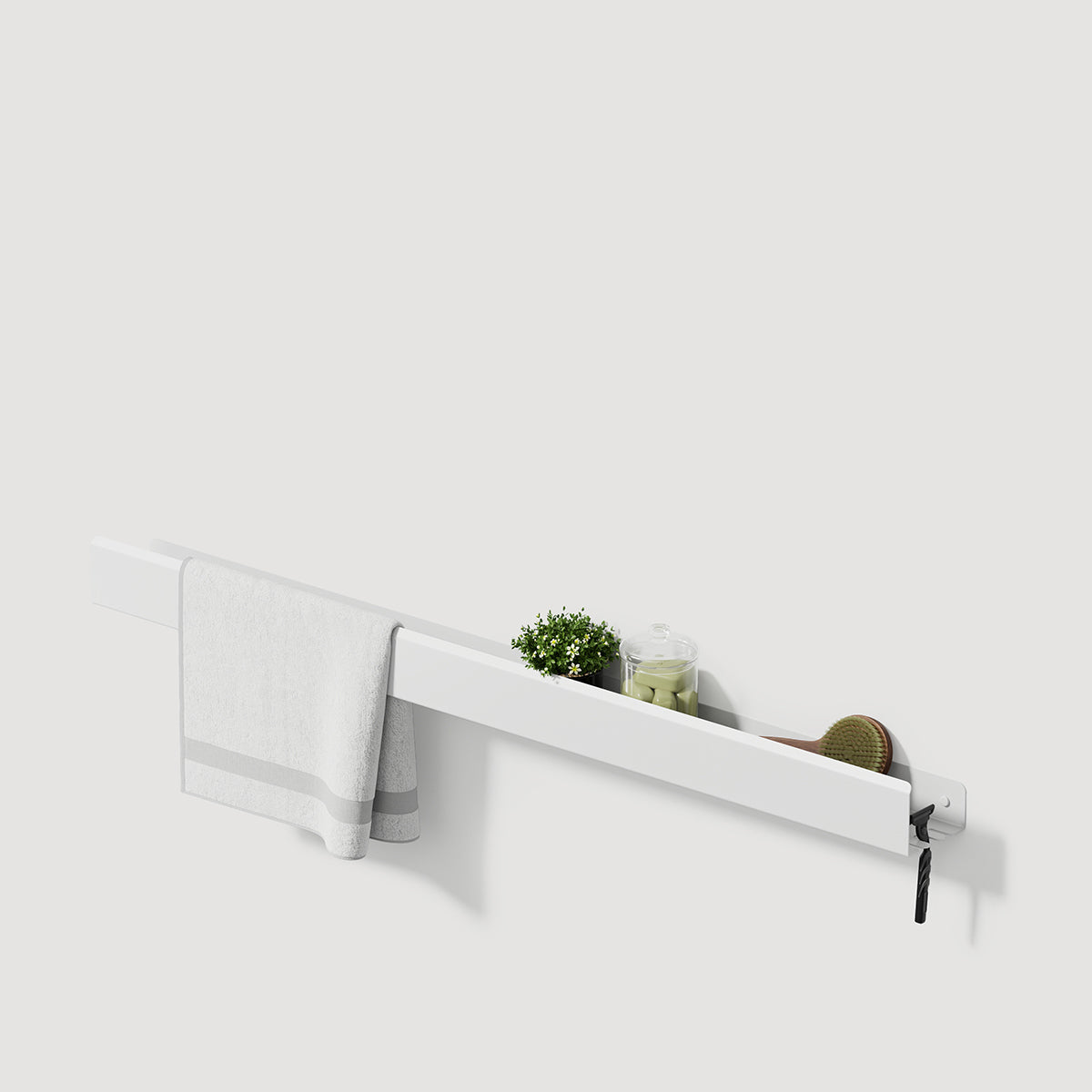 white glossy steel shelf with towel