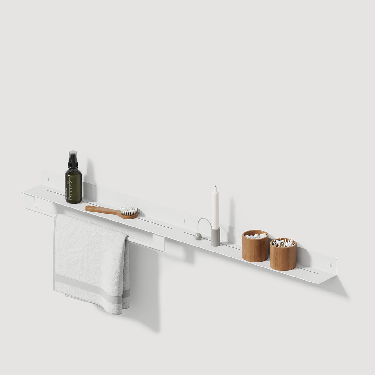 white metal shelf with towel bar